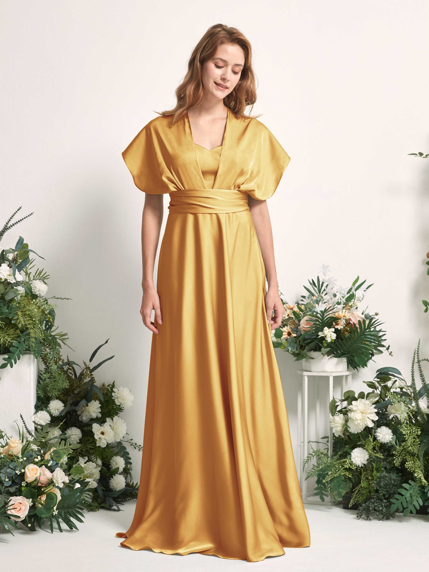 Carlyna Vestido línea A cuello de corazón hasta el suelo dama de honor Amarillo Canario #color_amarillo-canario