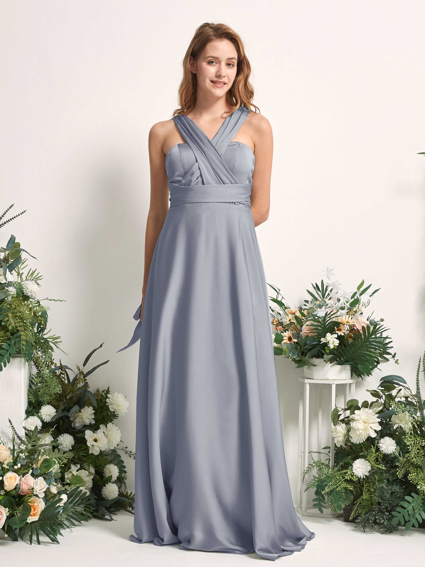Carlyna Vestido línea A cuello de corazón hasta el suelo dama de honor Azul Polvoriento #color_azul-polvoriento