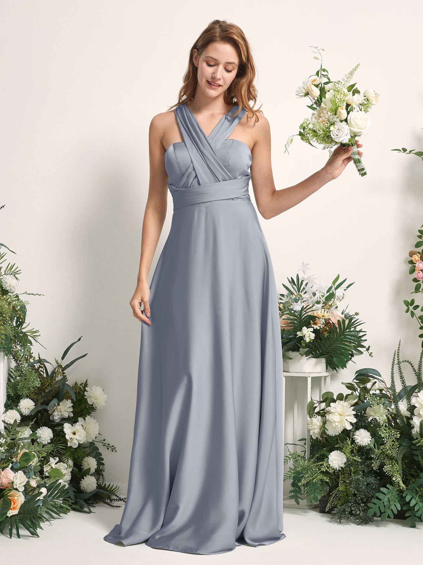 Carlyna Vestido línea A cuello de corazón hasta el suelo dama de honor Azul Polvoriento #color_azul-polvoriento