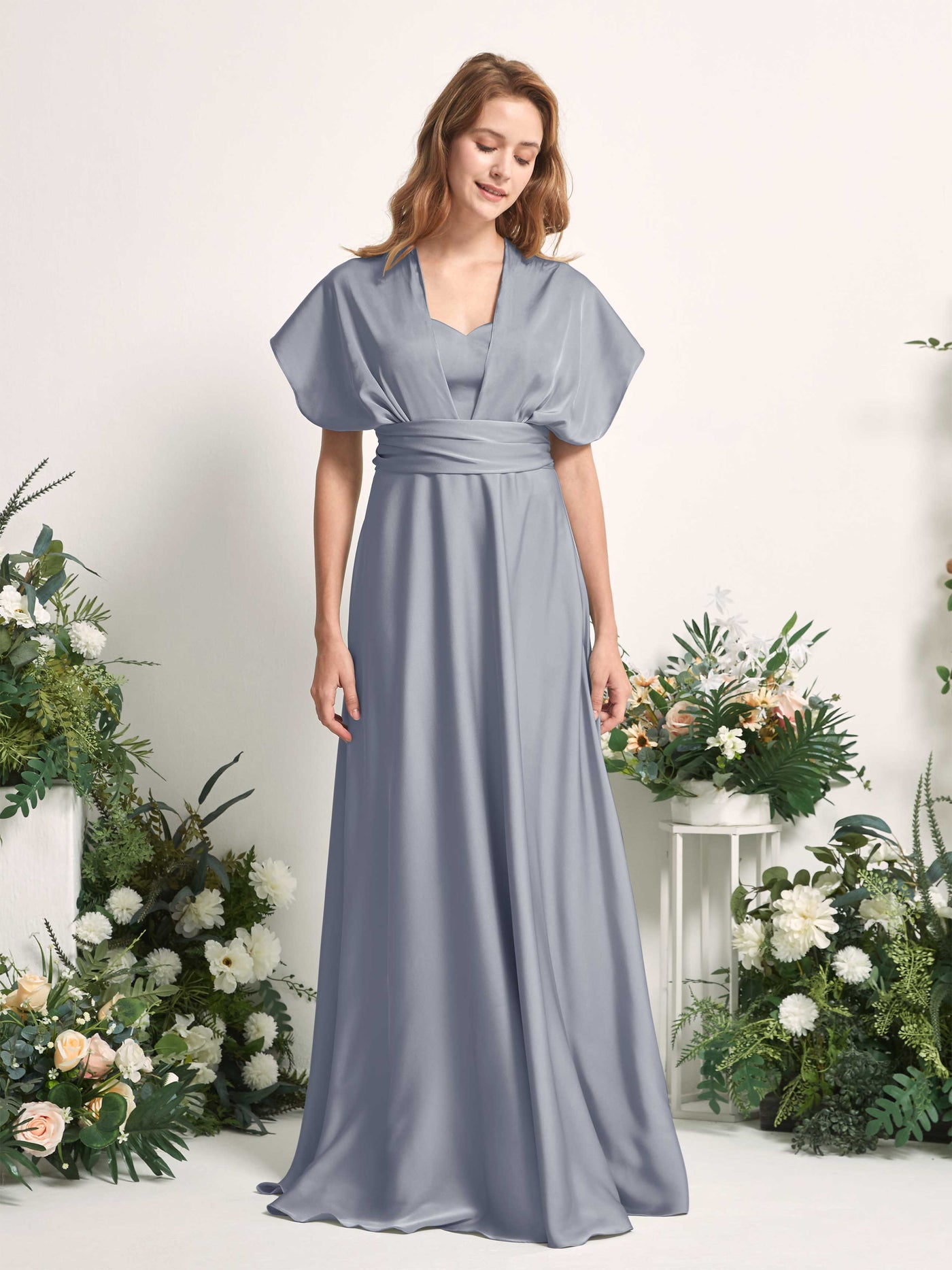Carlyna Vestido línea A cuello de corazón hasta el suelo dama de honor Azul Polvoriento #color_azul-polvoriento