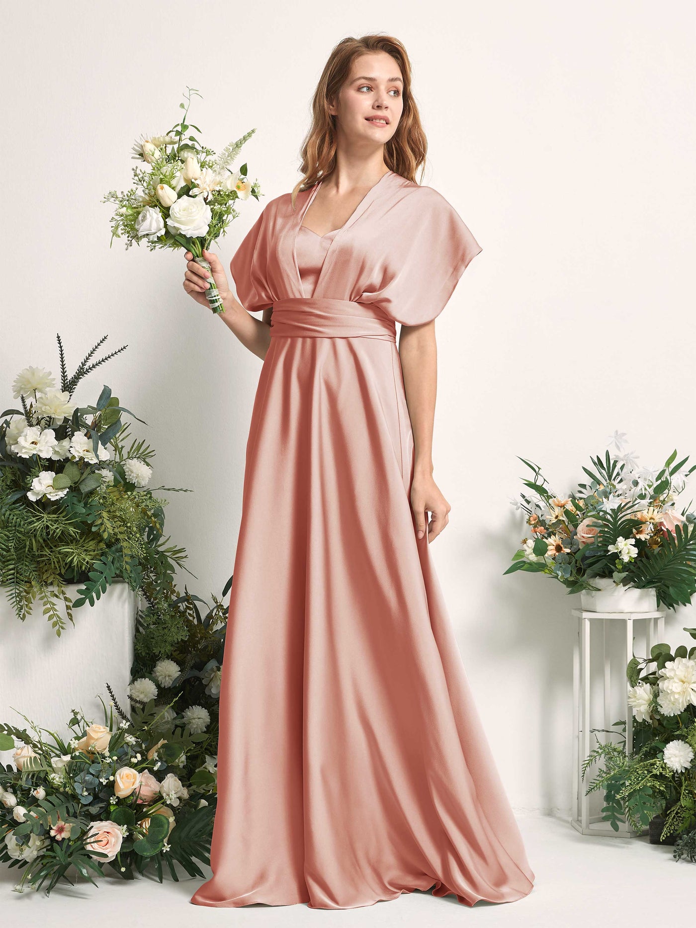 Carlyna Vestido línea A cuello de corazón hasta el suelo dama de honor Cantalupo #color_cantalupo