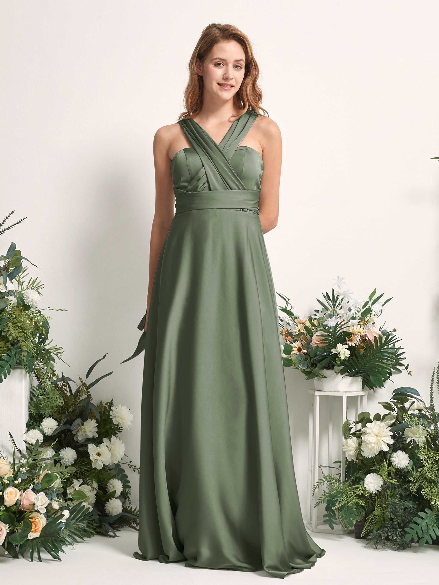 Carlyna Vestido línea A cuello de corazón hasta el suelo dama de honor Verde Oliva #color_verde-oliva