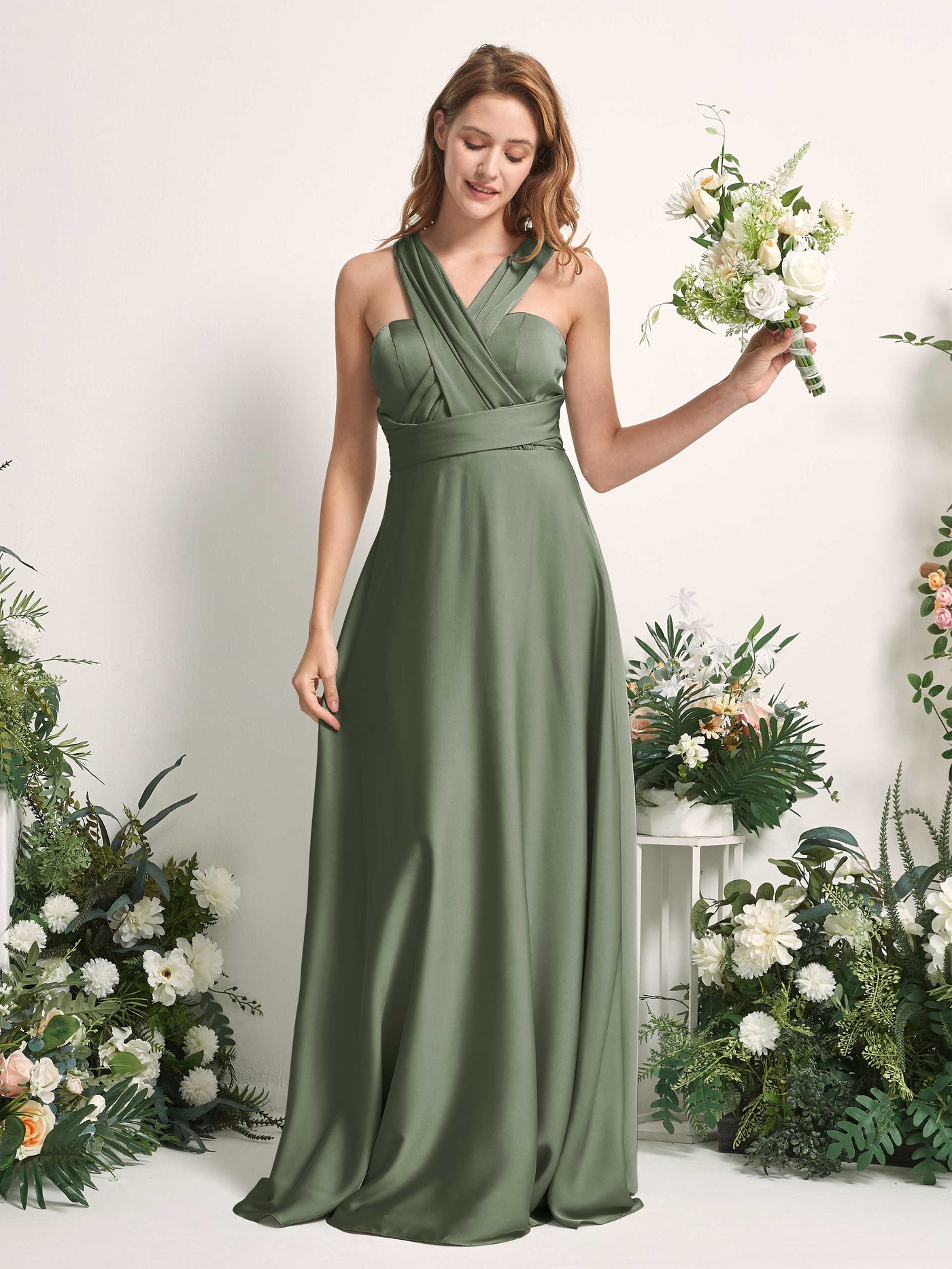 Carlyna Vestido línea A cuello de corazón hasta el suelo dama de honor Verde Oliva #color_verde-oliva