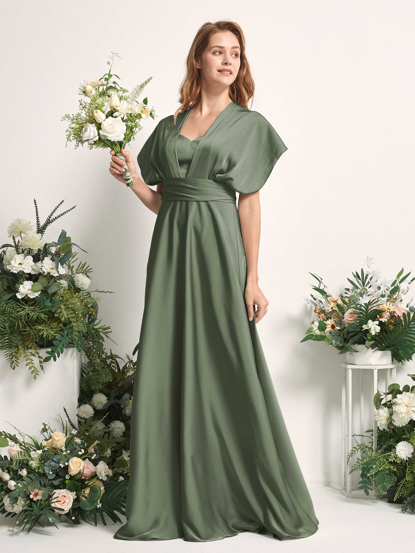 Carlyna Vestido línea A cuello de corazón hasta el suelo dama de honor Verde Oliva #color_verde-oliva