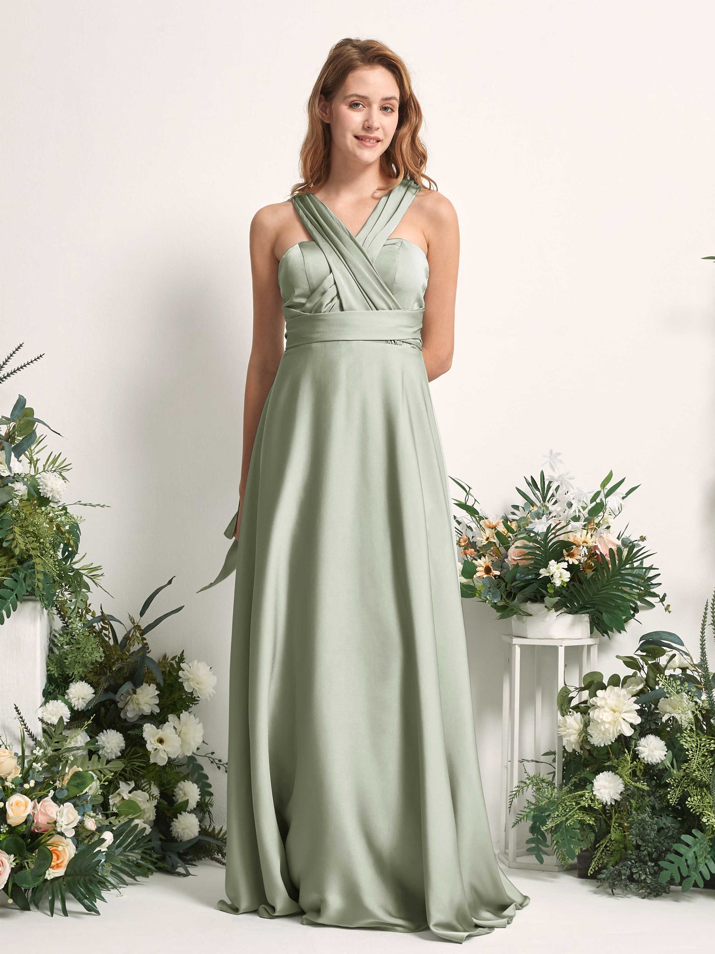 Carlyna Vestido línea A cuello de corazón hasta el suelo dama de honor Verde Salvia #color_verde-salvia