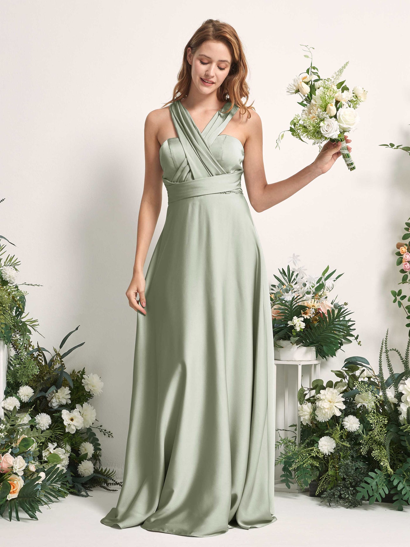 Carlyna Vestido línea A cuello de corazón hasta el suelo dama de honor Verde Salvia #color_verde-salvia