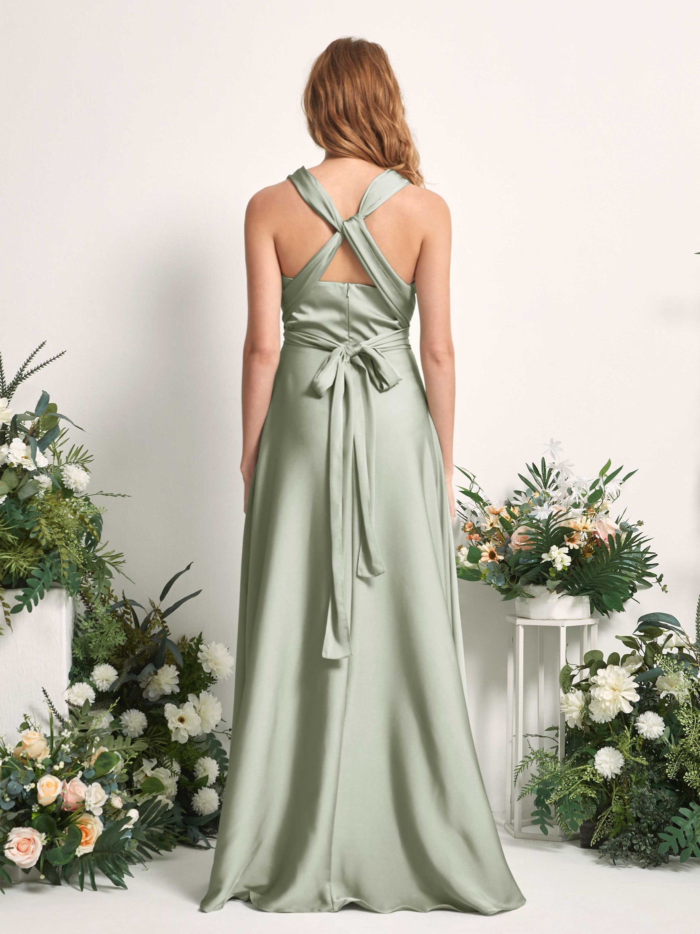 Carlyna Vestido línea A cuello de corazón hasta el suelo dama de honor Verde Salvia #color_verde-salvia