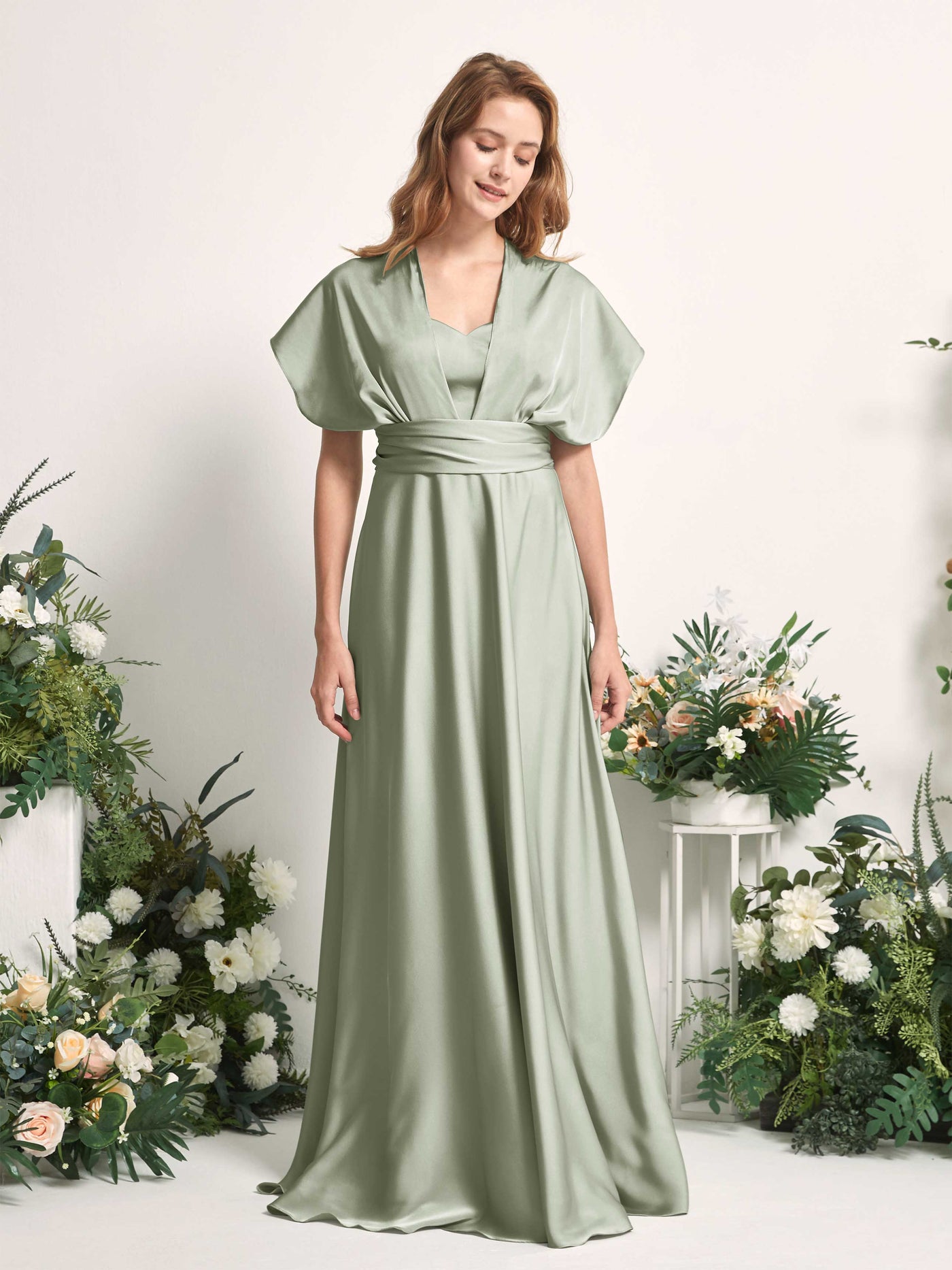 Carlyna Vestido línea A cuello de corazón hasta el suelo dama de honor Verde Salvia #color_verde-salvia