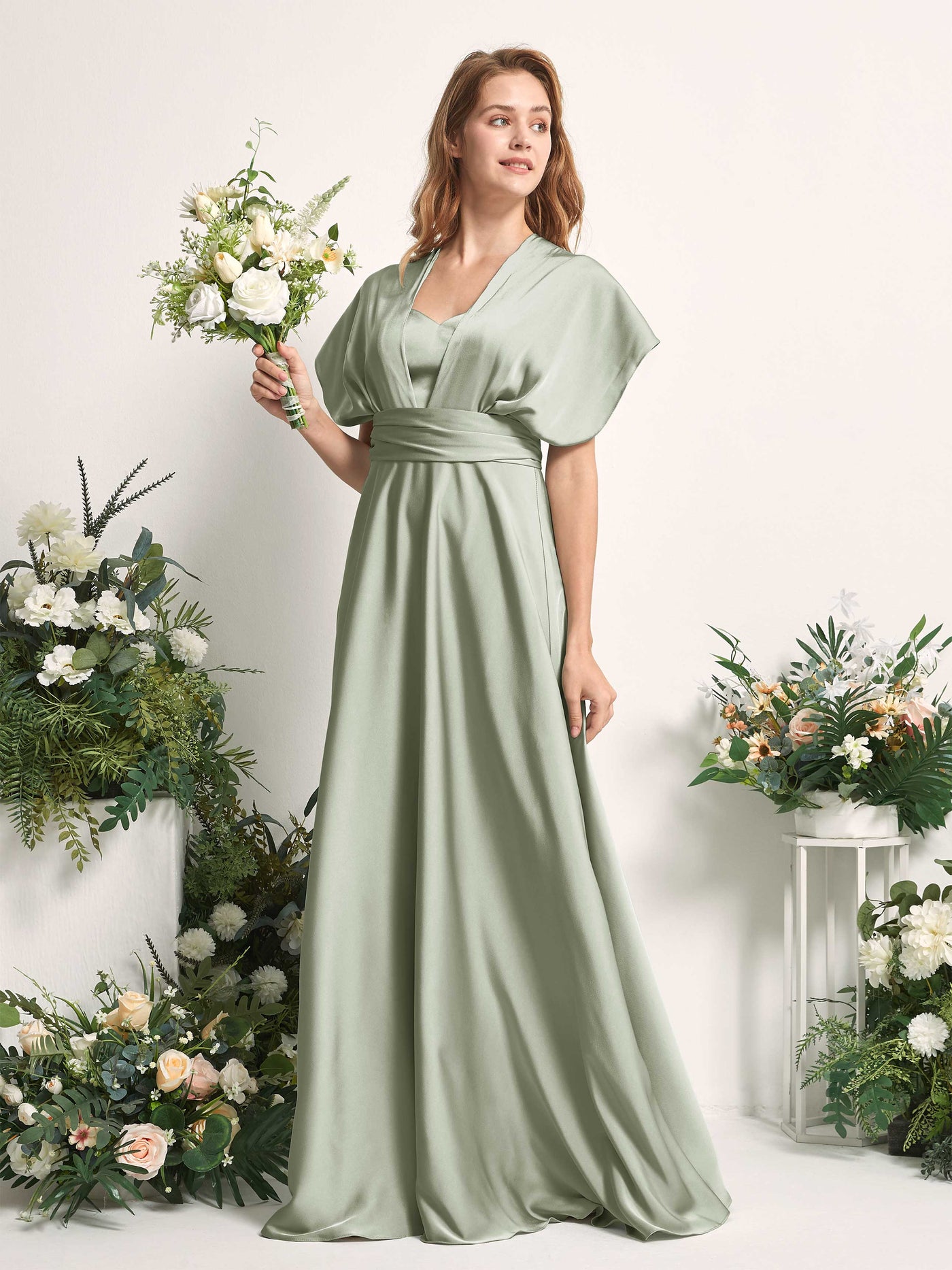 Carlyna Vestido línea A cuello de corazón hasta el suelo dama de honor Verde Salvia #color_verde-salvia