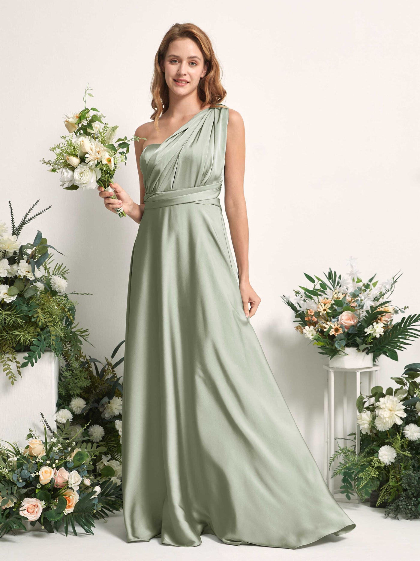 Carlyna Vestido línea A cuello de corazón hasta el suelo dama de honor Verde Salvia #color_verde-salvia