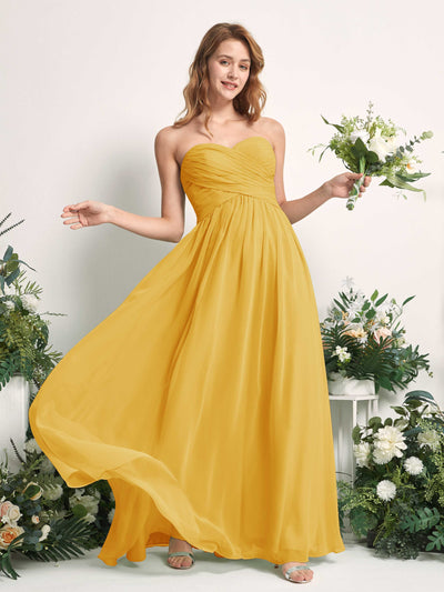 Carlyna Vestido Línea A Cuello de corazón Hasta el suelo Gasa Fruncido Dama de honor Amarillo Mostaza #color_amarillo-mostaza
