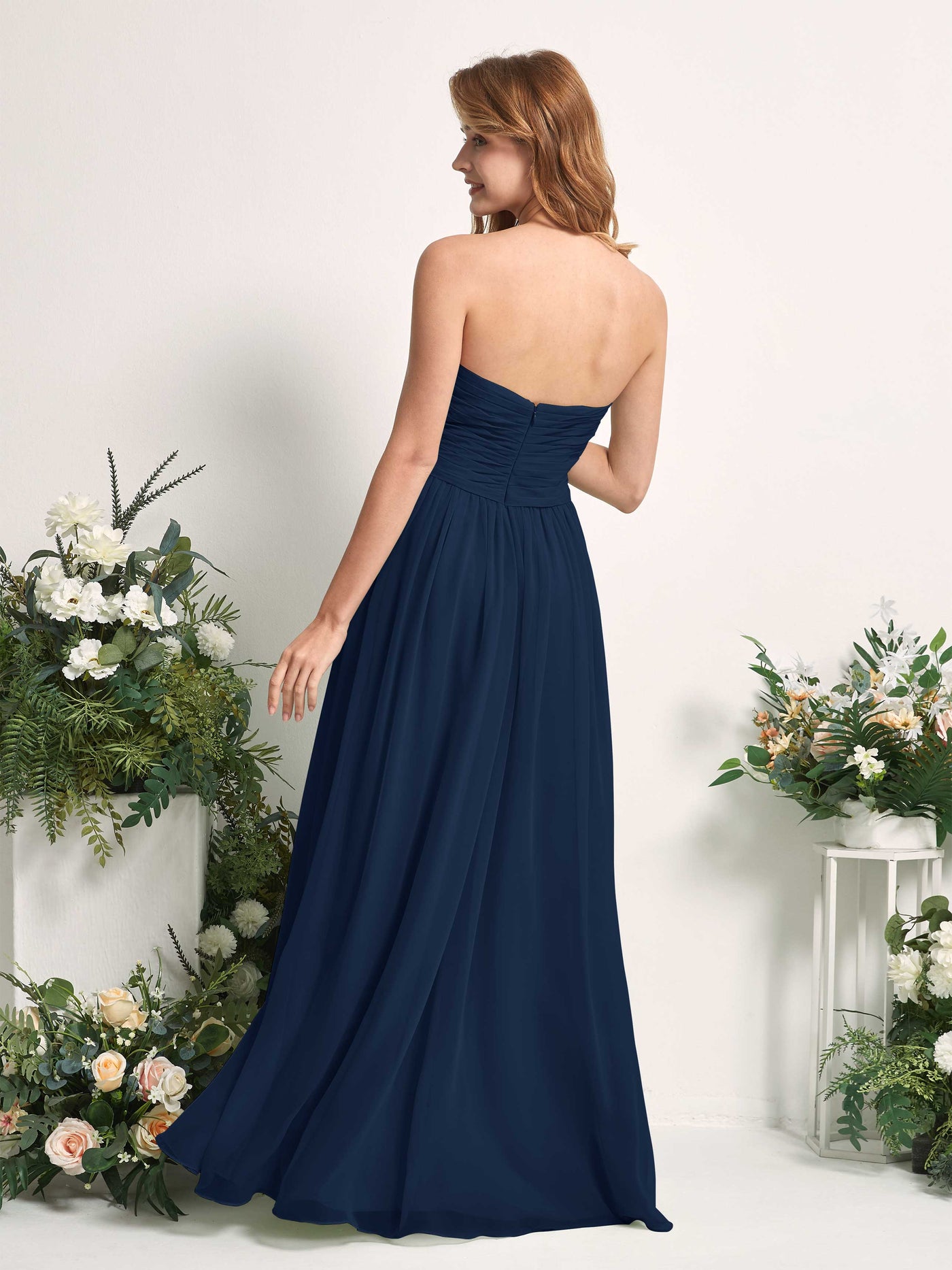 Carlyna Vestido Línea A Cuello de corazón Hasta el suelo Gasa Fruncido Dama de honor Azul Marino #color_azul-marino