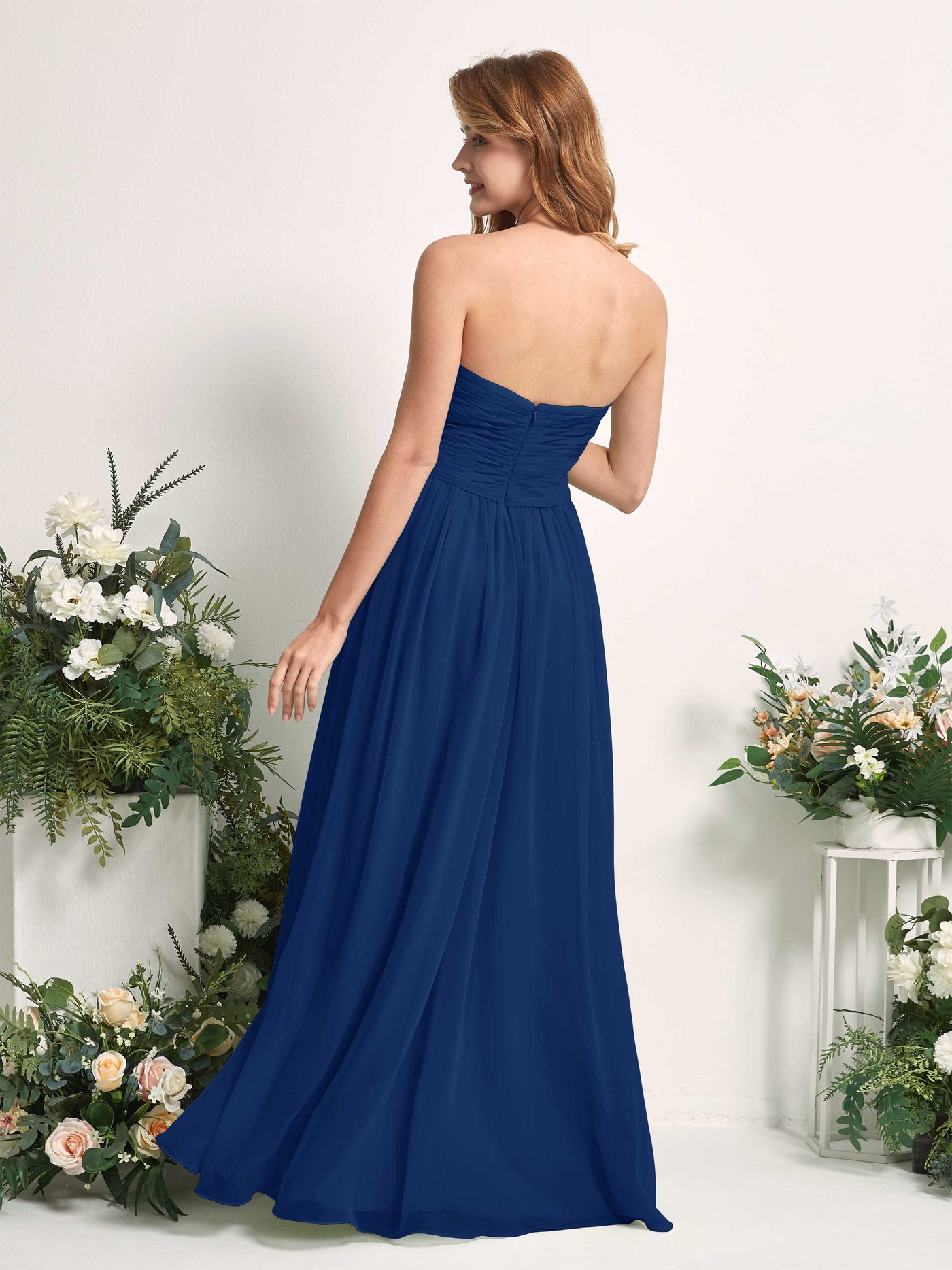 Carlyna Vestido Línea A Cuello de corazón Hasta el suelo Gasa Fruncido Dama de honor Azul Real #color_azul-real