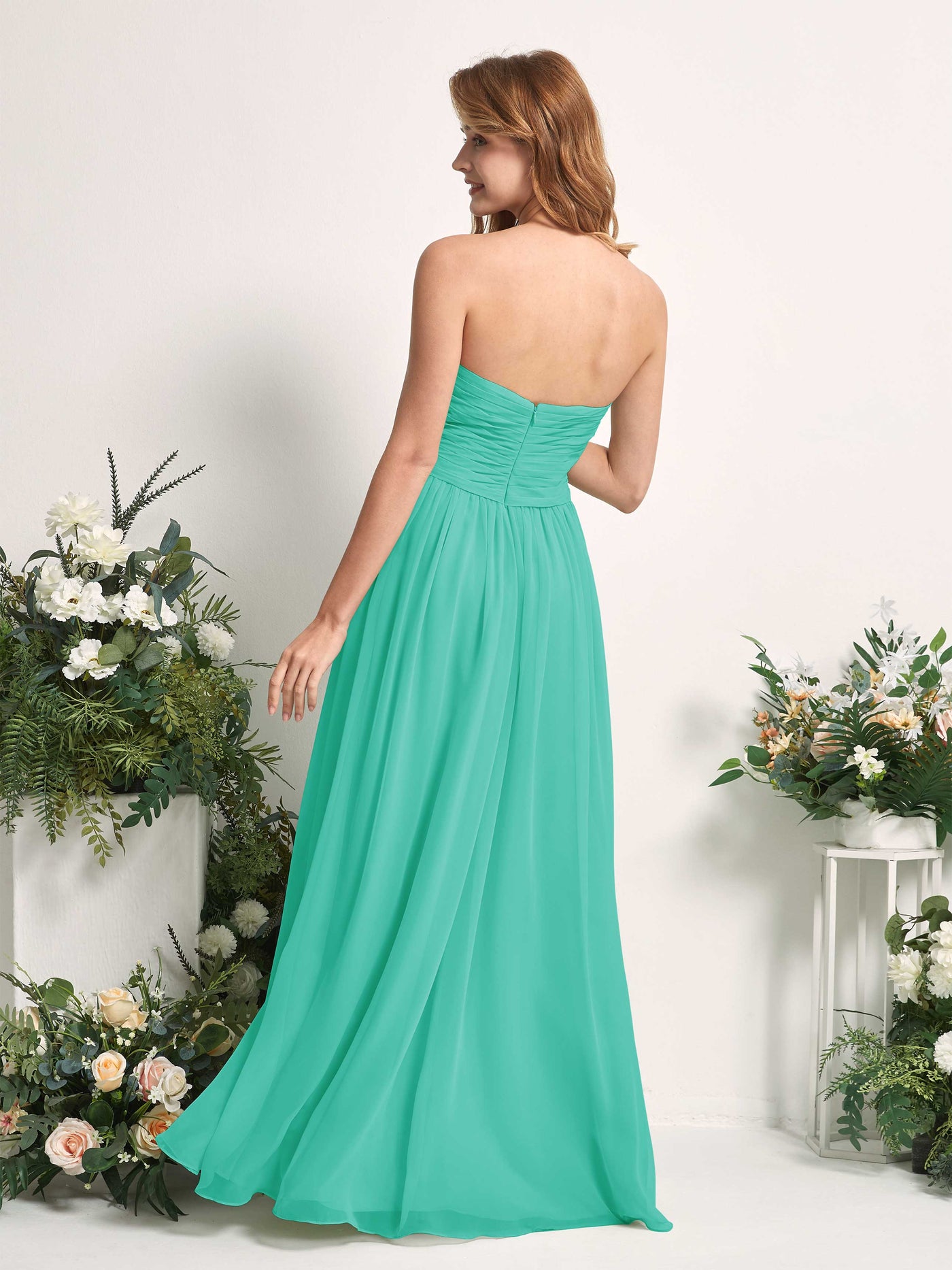 Carlyna Vestido Línea A Cuello de corazón Hasta el suelo Gasa Fruncido Dama de honor Azul Tiffany #color_azul-tiffany