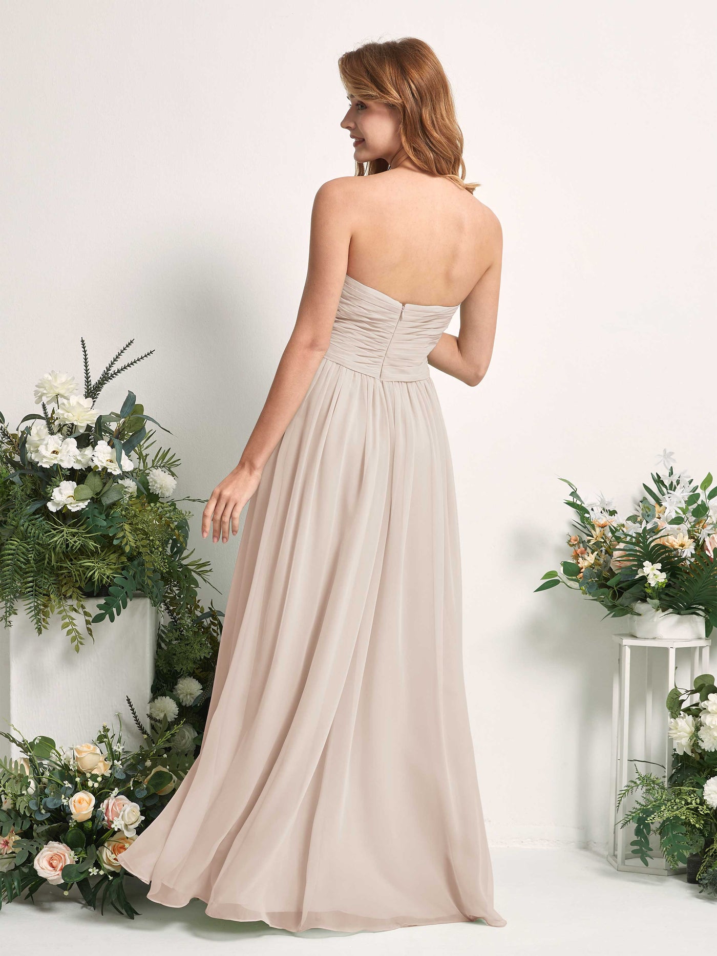 Carlyna Vestido Línea A Cuello de corazón Hasta el suelo Gasa Fruncido Dama de honor Champán #color_champ-n
