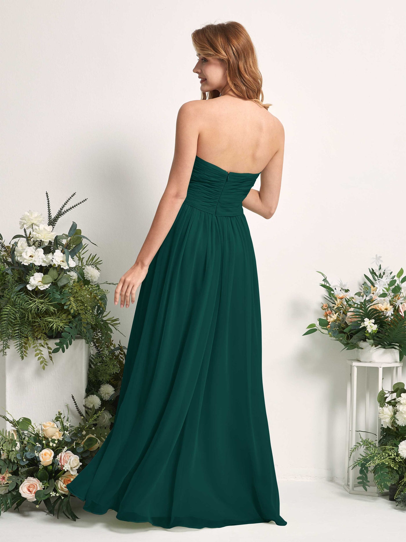 Carlyna Vestido Línea A Cuello de corazón Hasta el suelo Gasa Fruncido Dama de honor Esmeralda Oscuro #color_esmeralda-oscuro