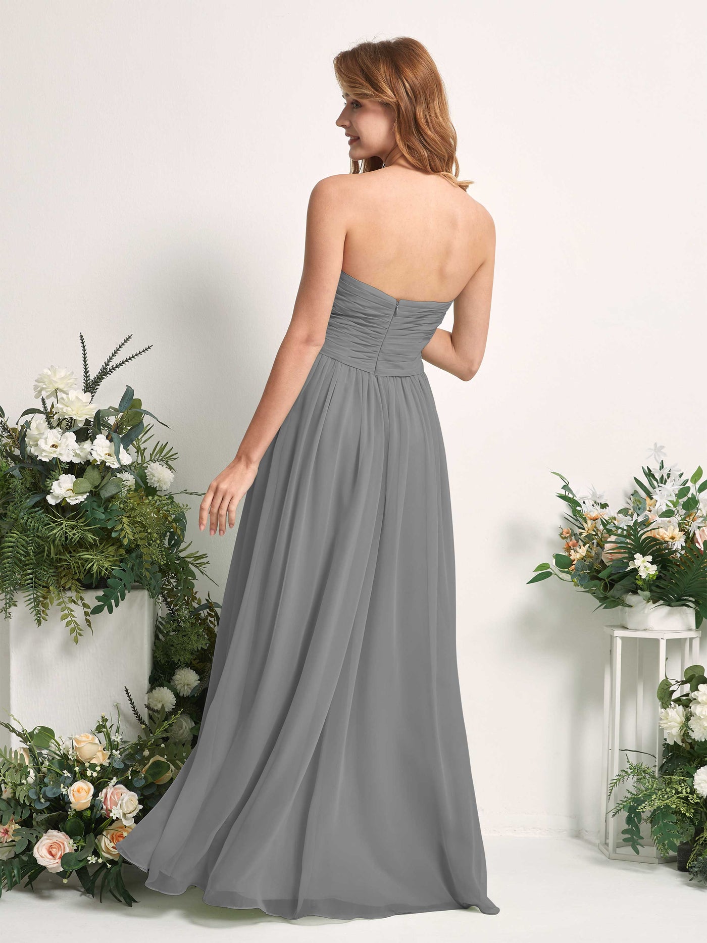 Carlyna Vestido Línea A Cuello de corazón Hasta el suelo Gasa Fruncido Dama de honor Gris Acero #color_gris-acero