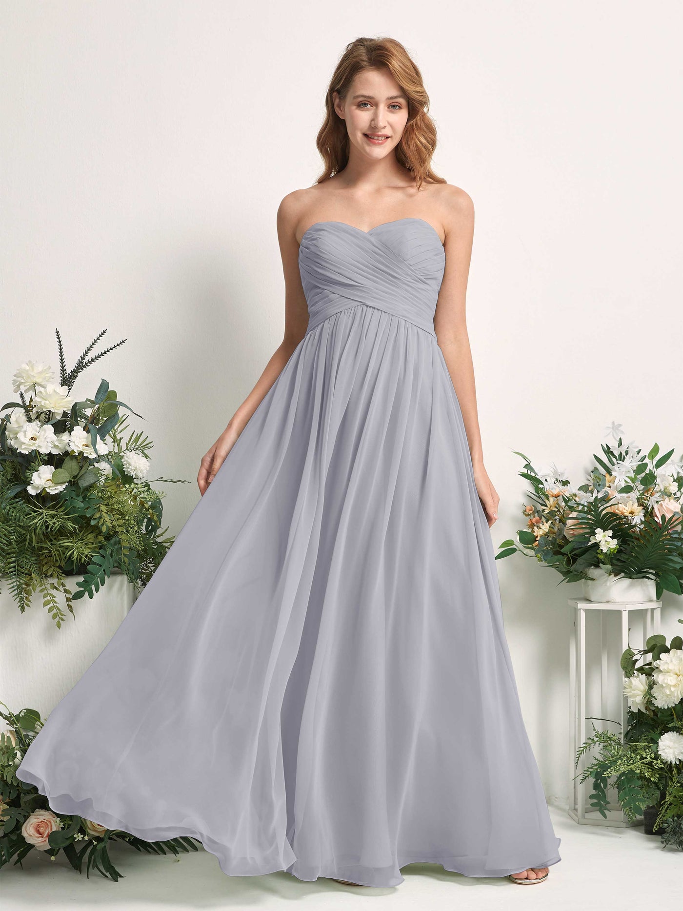 Carlyna Vestido Línea A Cuello de corazón Hasta el suelo Gasa Fruncido Dama de honor Lavanda Viejo #color_lavanda-viejo
