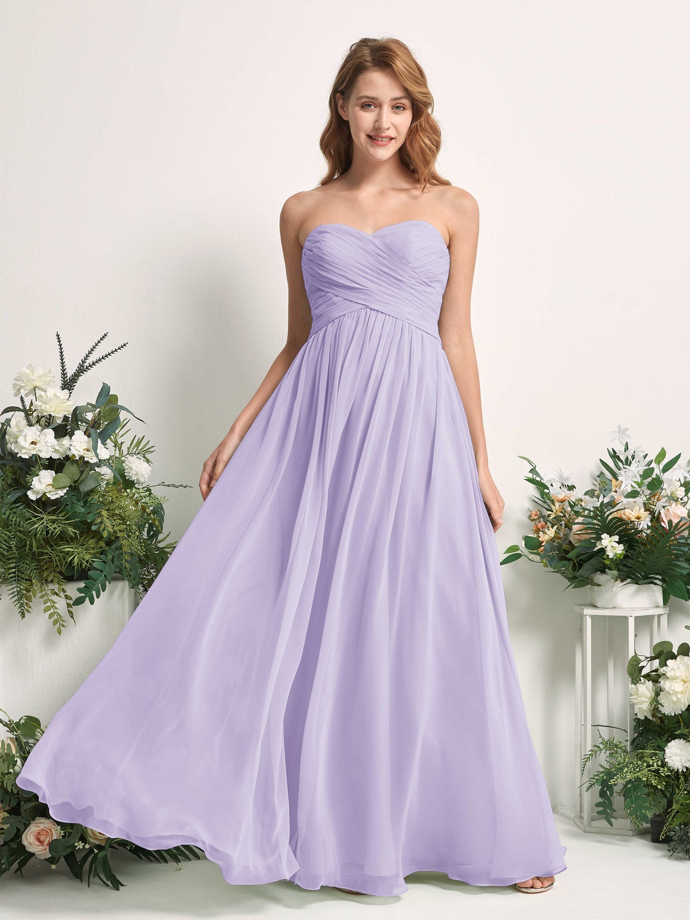 Carlyna Vestido Línea A Cuello de corazón Hasta el suelo Gasa Fruncido Dama de honor Lila #color_lila
