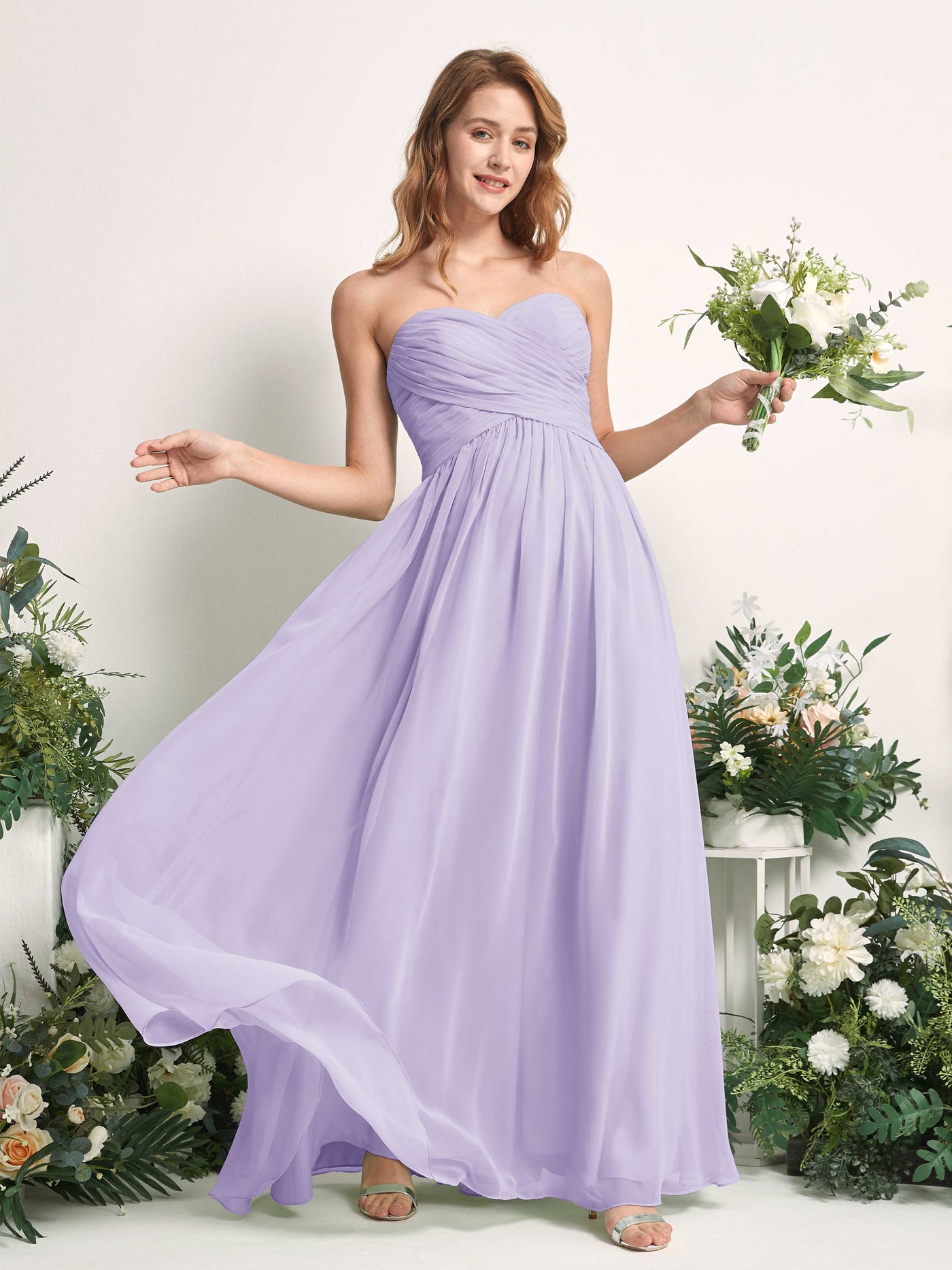 Carlyna Vestido Línea A Cuello de corazón Hasta el suelo Gasa Fruncido Dama de honor Lila #color_lila