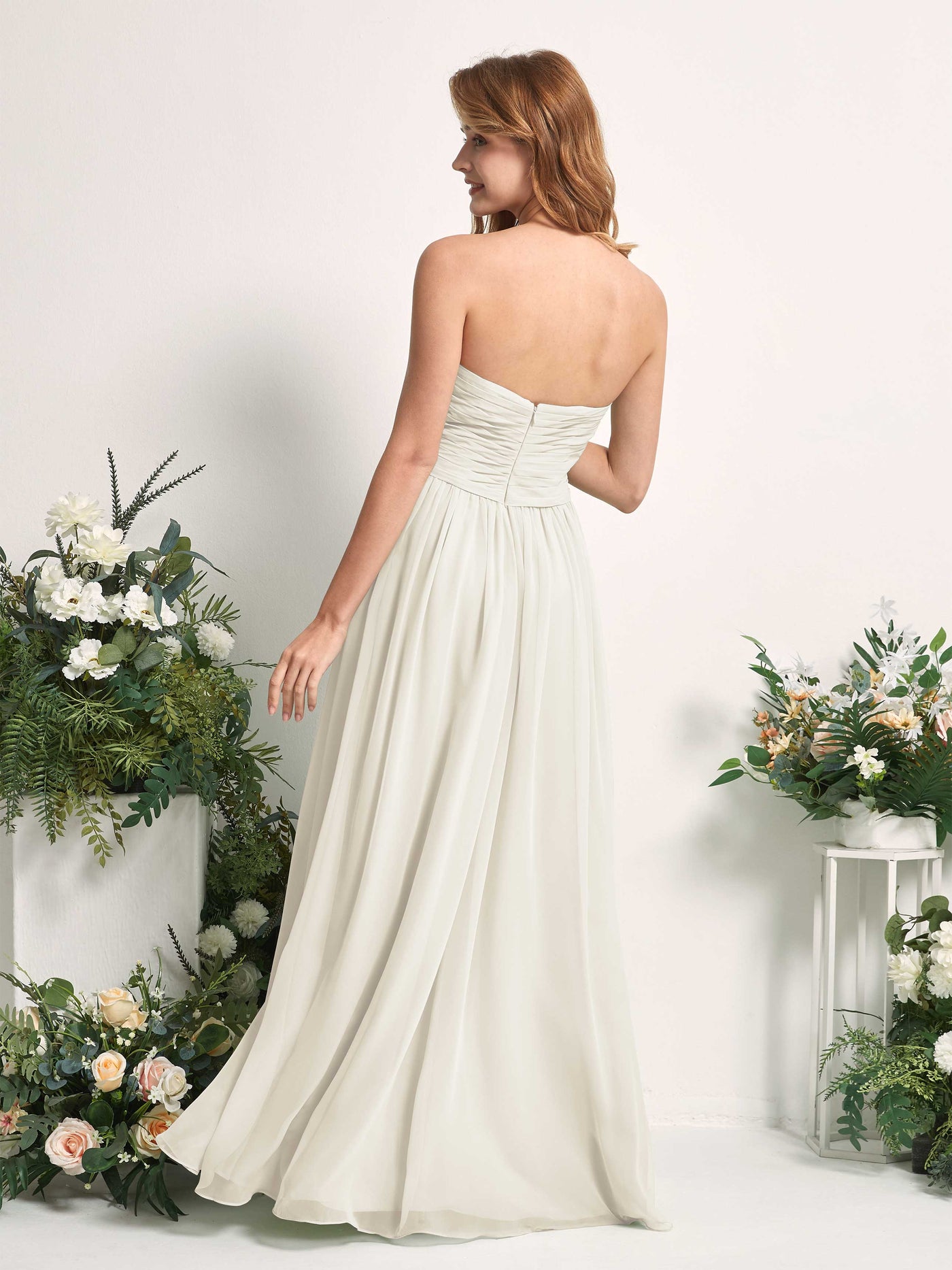 Carlyna Vestido Línea A Cuello de corazón Hasta el suelo Gasa Fruncido Dama de honor Marfil #color_marfil