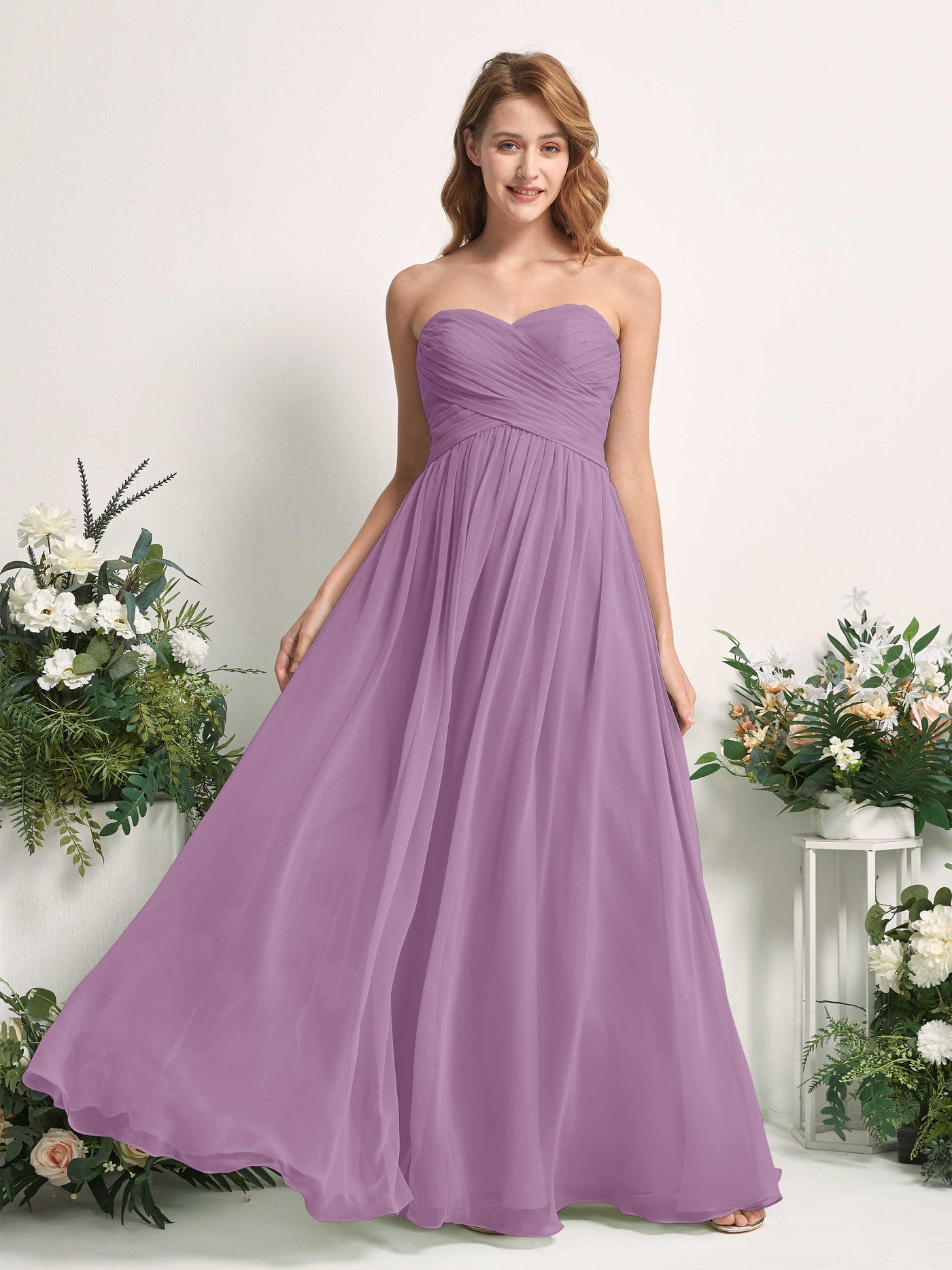 Carlyna Vestido Línea A Cuello de corazón Hasta el suelo Gasa Fruncido Dama de honor Niebla Orquídea #color_niebla-orqu-dea