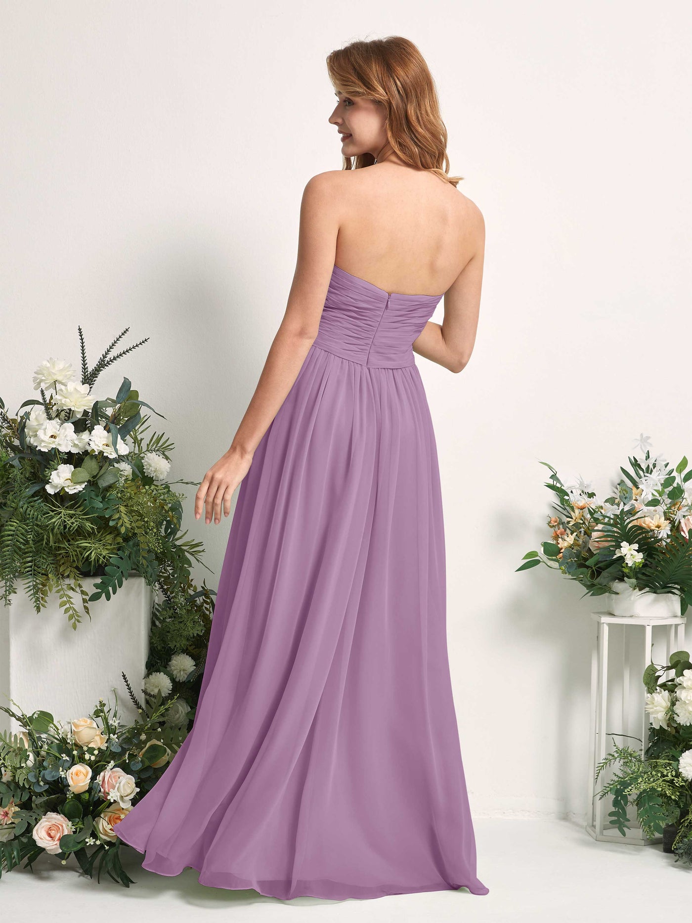 Carlyna Vestido Línea A Cuello de corazón Hasta el suelo Gasa Fruncido Dama de honor Niebla Orquídea #color_niebla-orqu-dea