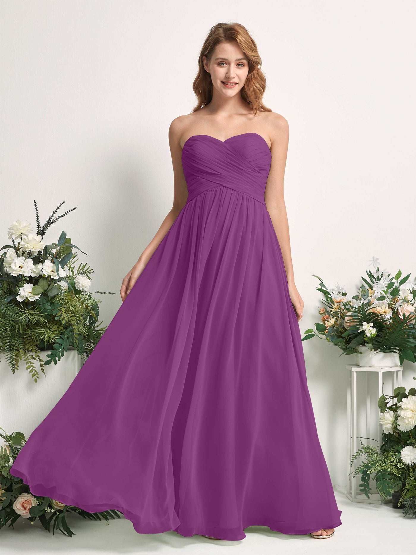 Carlyna Vestido Línea A Cuello de corazón Hasta el suelo Gasa Fruncido Dama de honor Púrpura #color_p-rpura