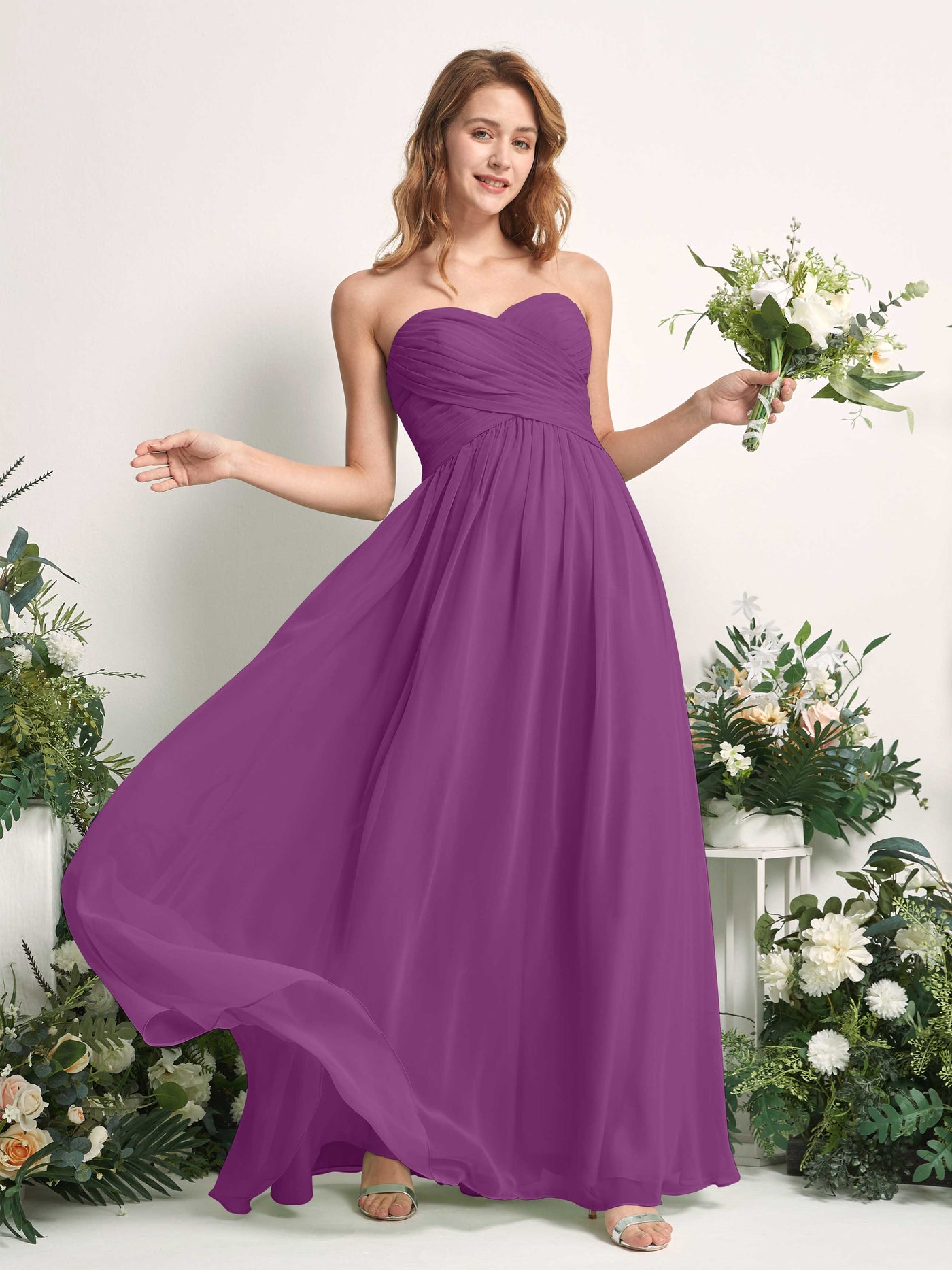Carlyna Vestido Línea A Cuello de corazón Hasta el suelo Gasa Fruncido Dama de honor Púrpura #color_p-rpura