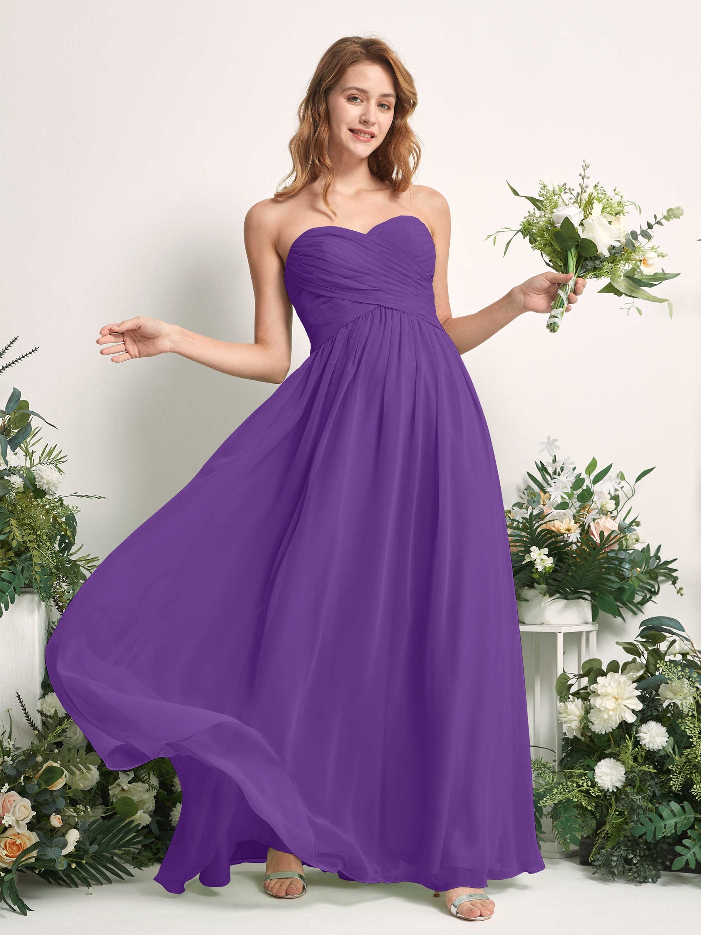 Carlyna Vestido Línea A Cuello de corazón Hasta el suelo Gasa Fruncido Dama de honor Regencia #color_regencia