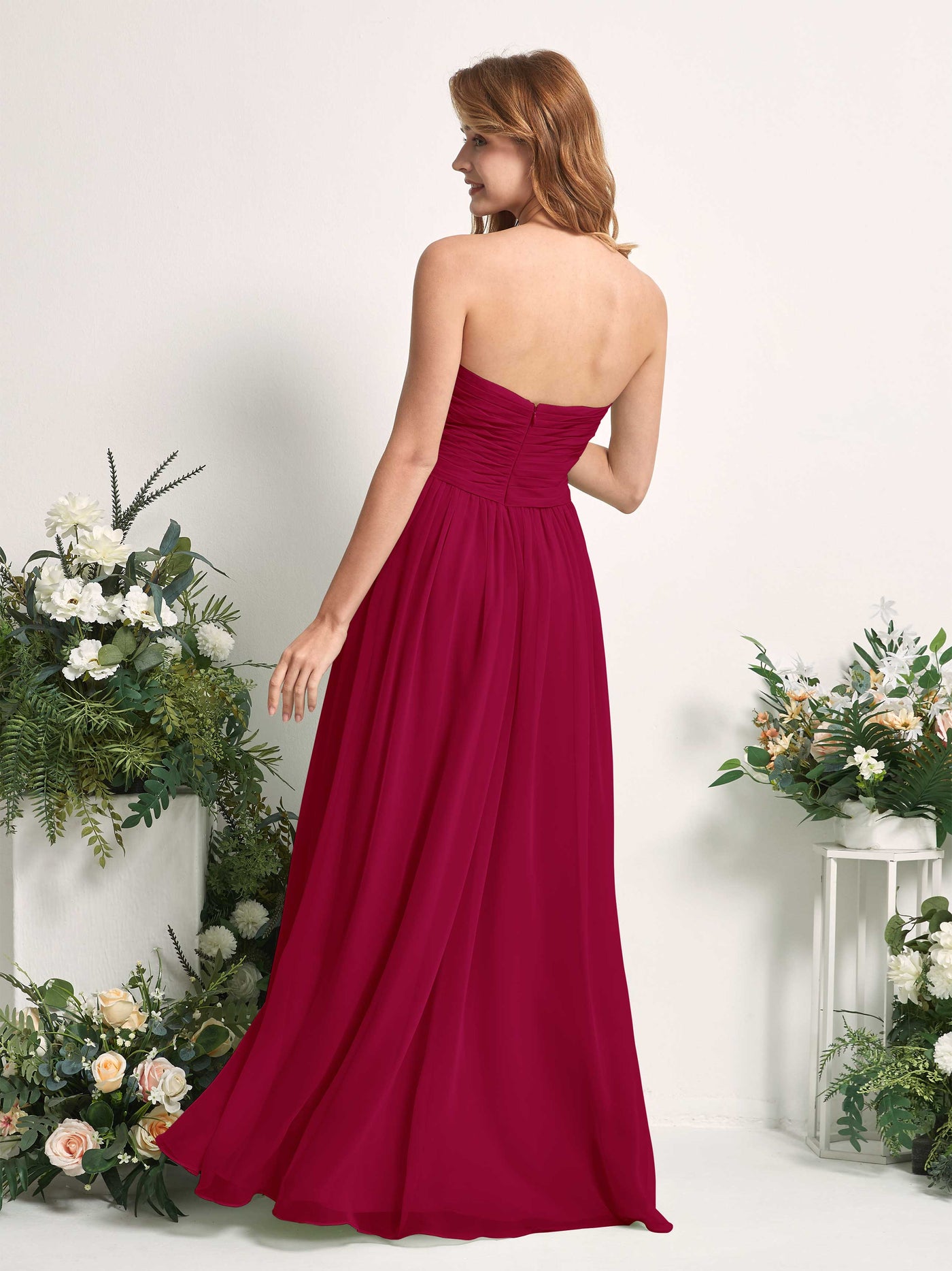 Carlyna Vestido Línea A Cuello de corazón Hasta el suelo Gasa Fruncido Dama de honor Rojo Bufón #color_rojo-buf-n