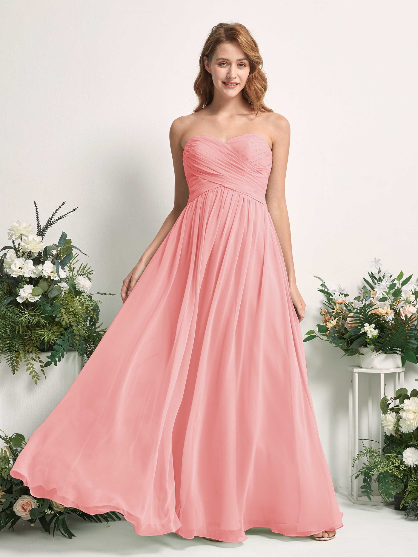 Carlyna Vestido Línea A Cuello de corazón Hasta el suelo Gasa Fruncido Dama de honor Rosa Ballet #color_rosa-ballet