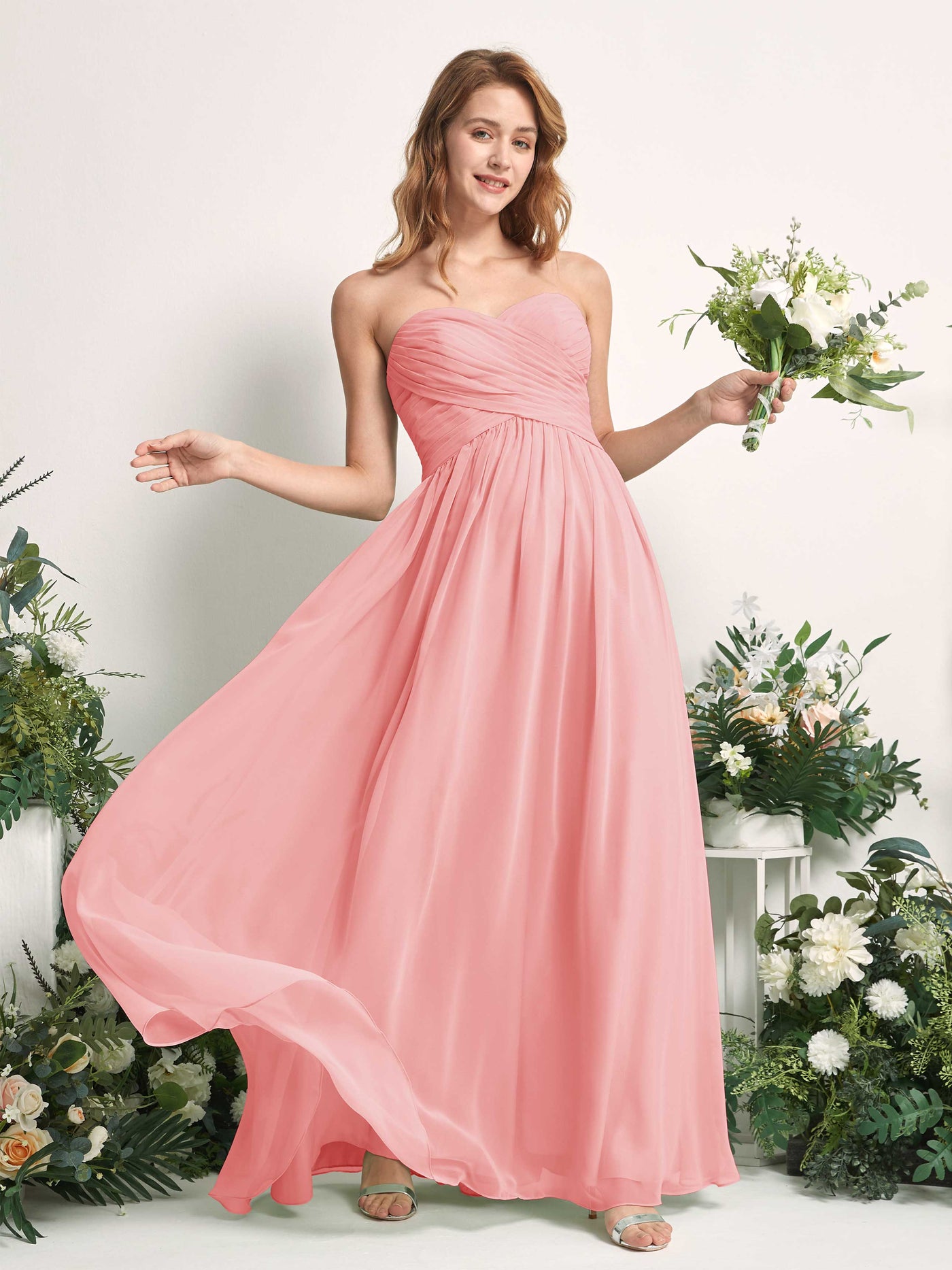 Carlyna Vestido Línea A Cuello de corazón Hasta el suelo Gasa Fruncido Dama de honor Rosa Ballet #color_rosa-ballet