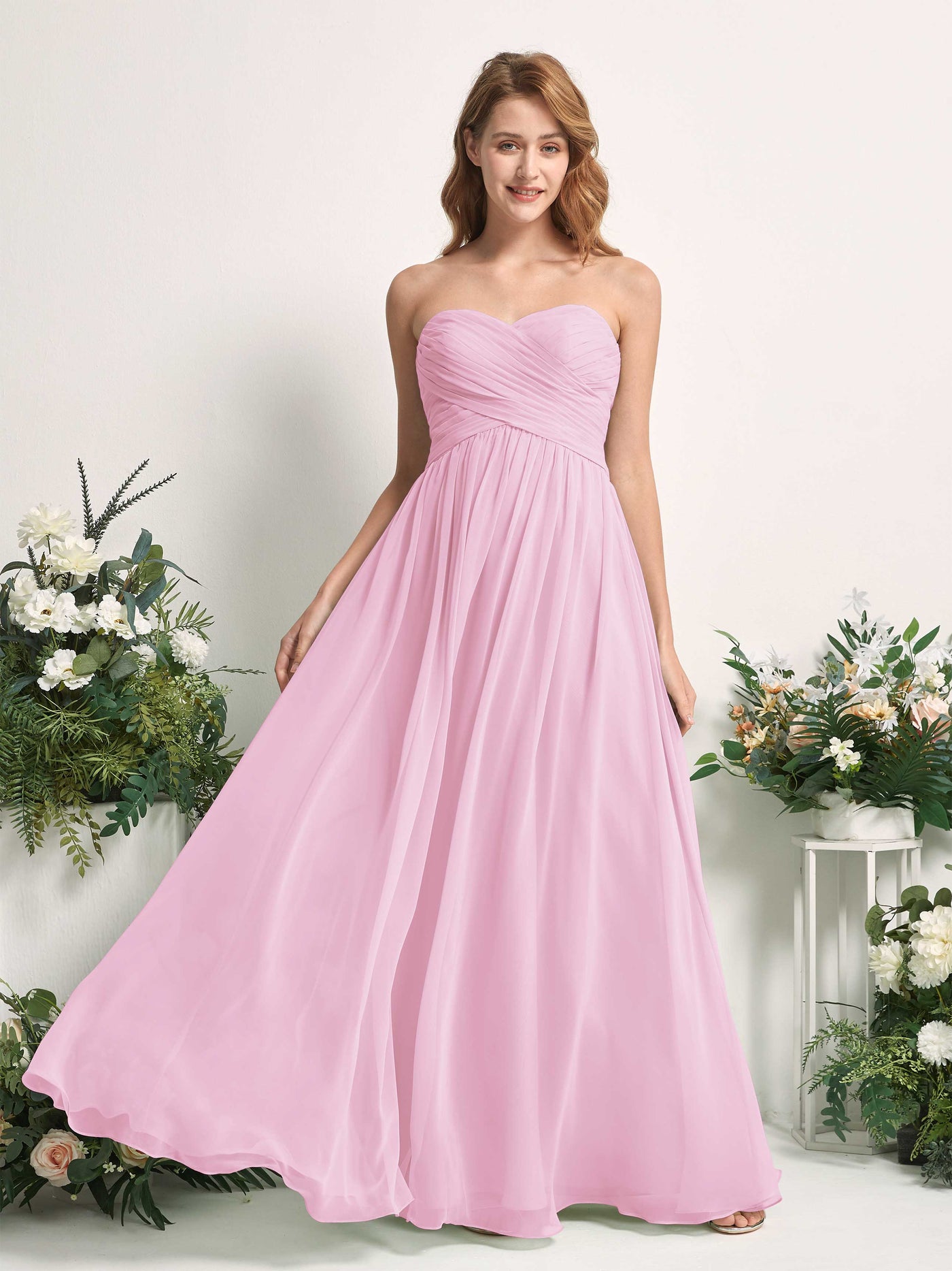 Carlyna Vestido Línea A Cuello de corazón Hasta el suelo Gasa Fruncido Dama de honor Rosa Caramelo #color_rosa-caramelo