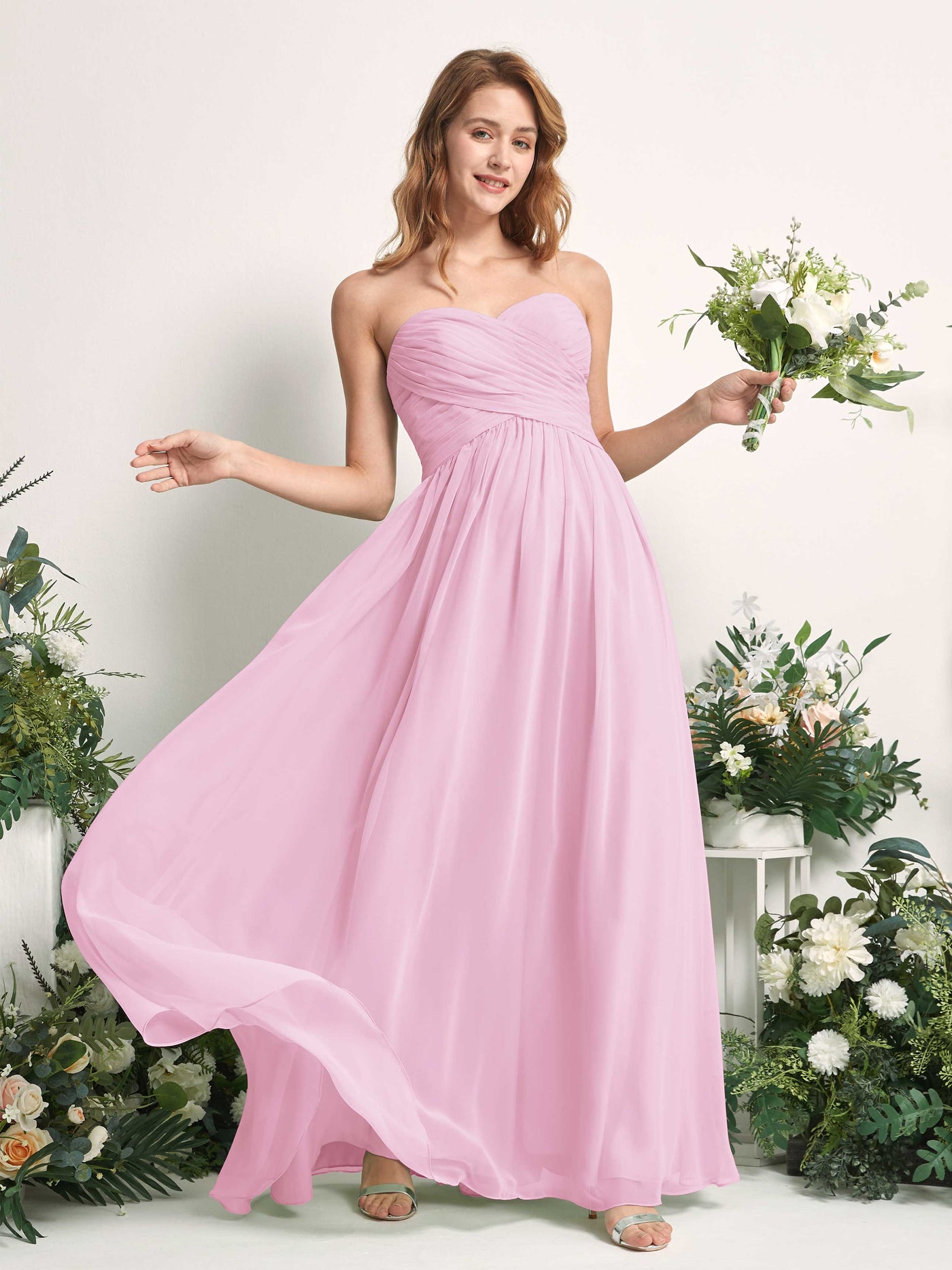 Carlyna Vestido Línea A Cuello de corazón Hasta el suelo Gasa Fruncido Dama de honor Rosa Caramelo #color_rosa-caramelo