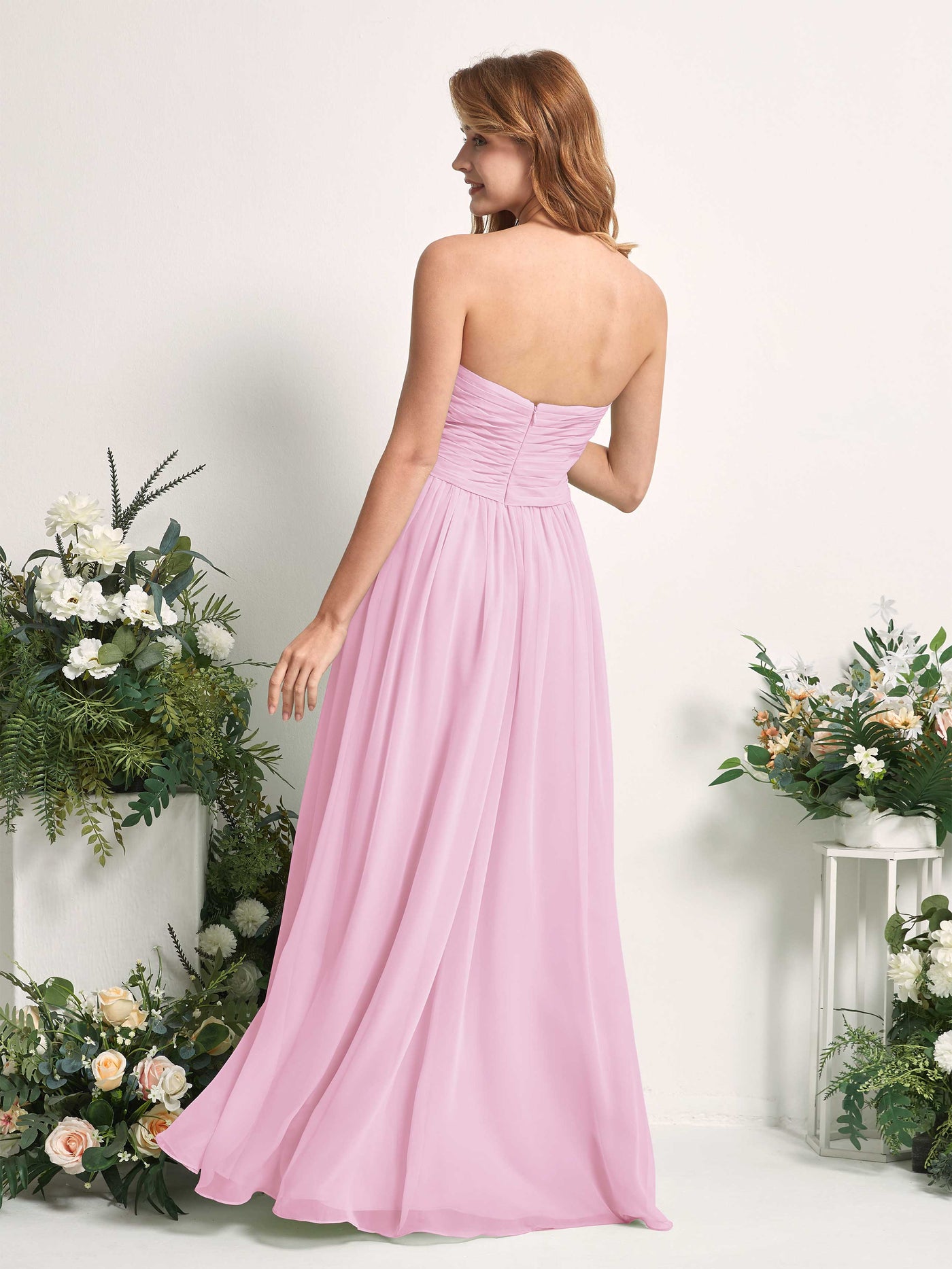 Carlyna Vestido Línea A Cuello de corazón Hasta el suelo Gasa Fruncido Dama de honor Rosa Caramelo #color_rosa-caramelo