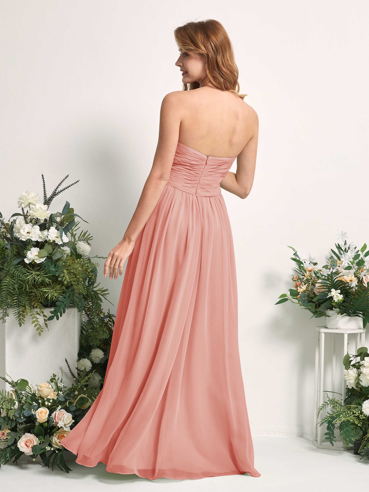 Carlyna Vestido Línea A Cuello de corazón Hasta el suelo Gasa Fruncido Dama de honor Rosa Champán #color_rosa-champ-n