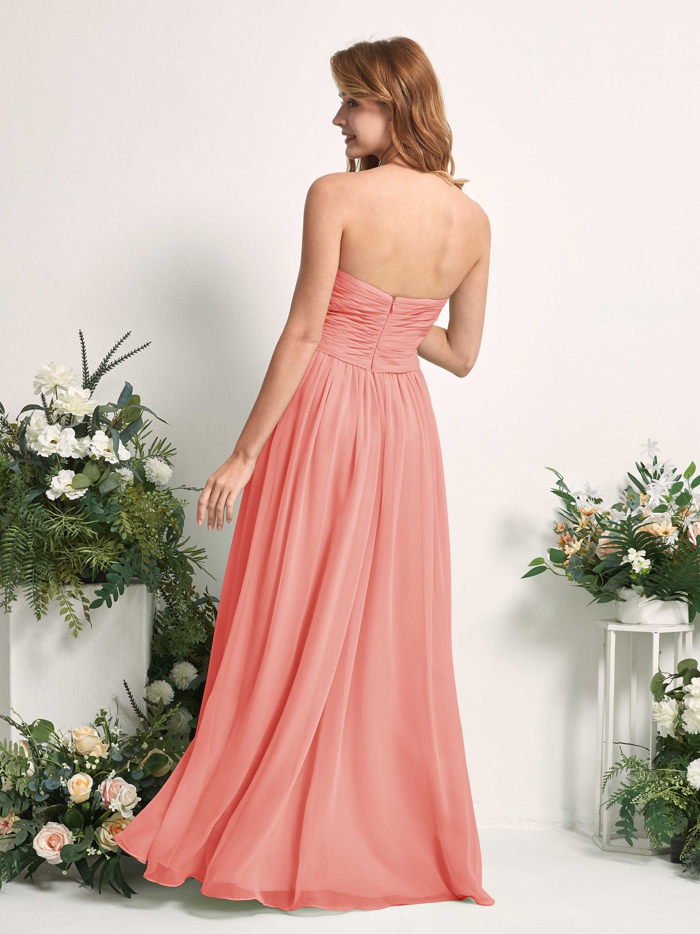 Carlyna Vestido Línea A Cuello de corazón Hasta el suelo Gasa Fruncido Dama de honor Rosa Melocotón #color_rosa-melocot-n
