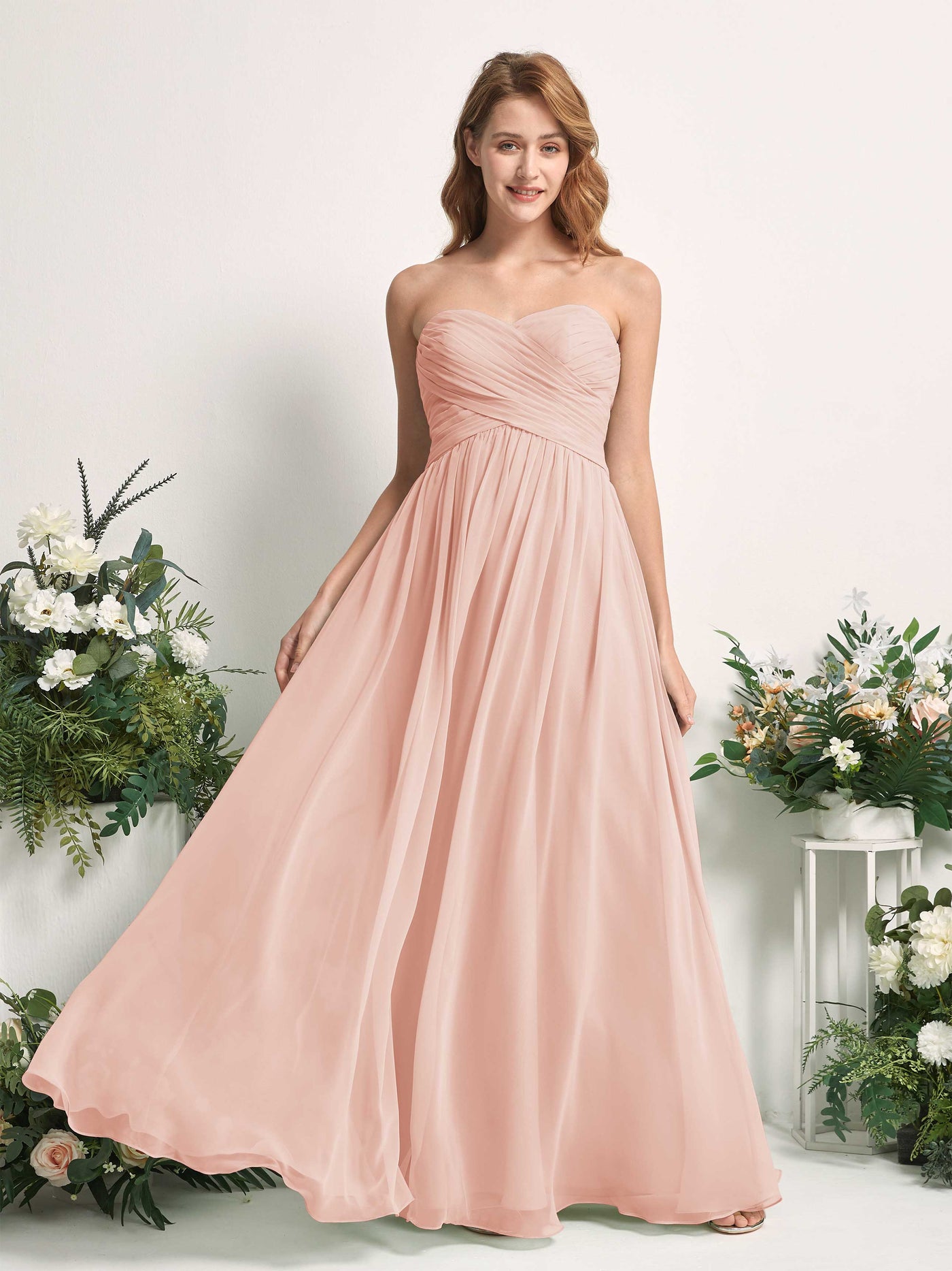 Carlyna Vestido Línea A Cuello de corazón Hasta el suelo Gasa Fruncido Dama de honor Rosa Perla #color_rosa-perla