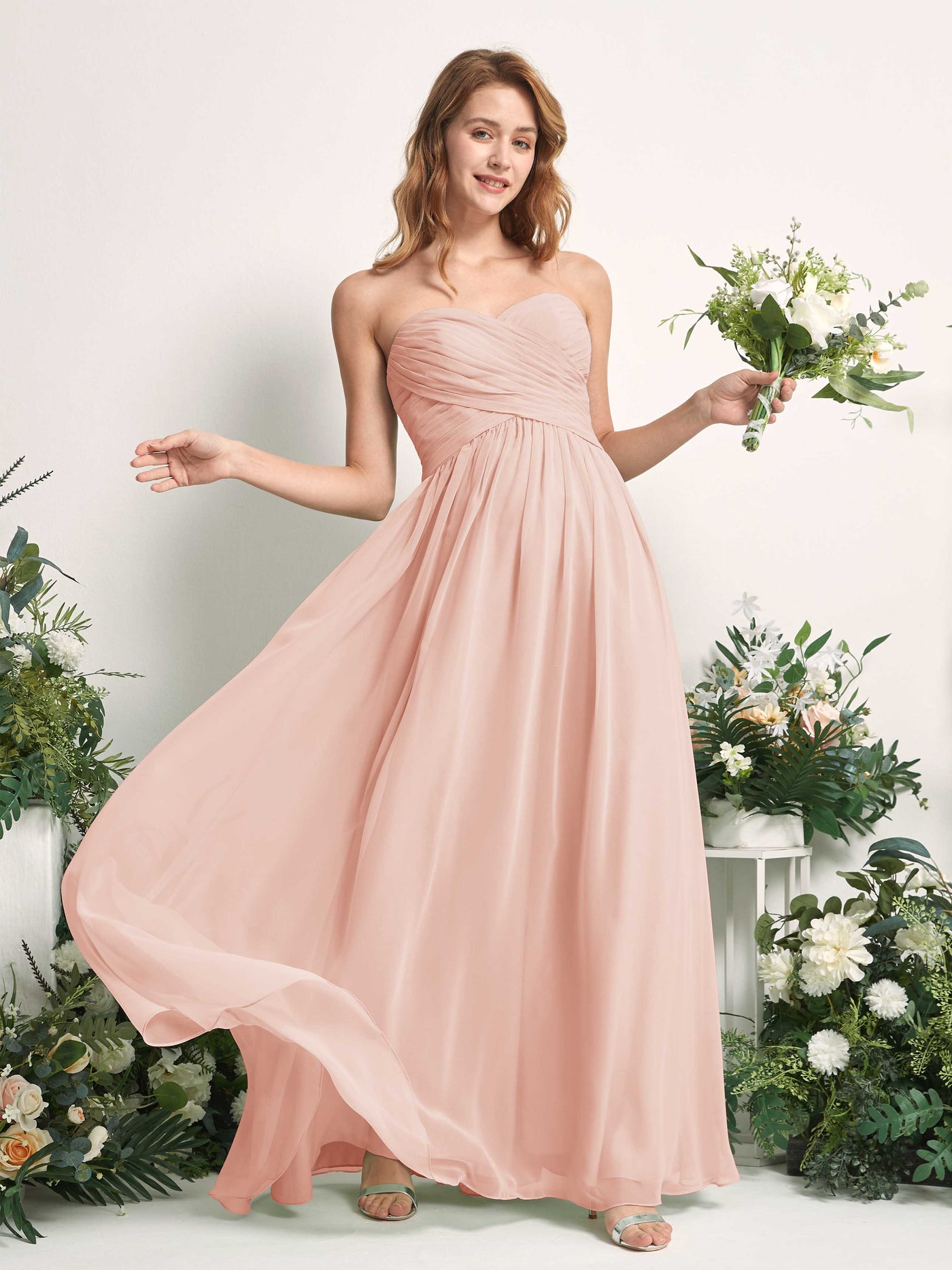 Carlyna Vestido Línea A Cuello de corazón Hasta el suelo Gasa Fruncido Dama de honor Rosa Perla #color_rosa-perla