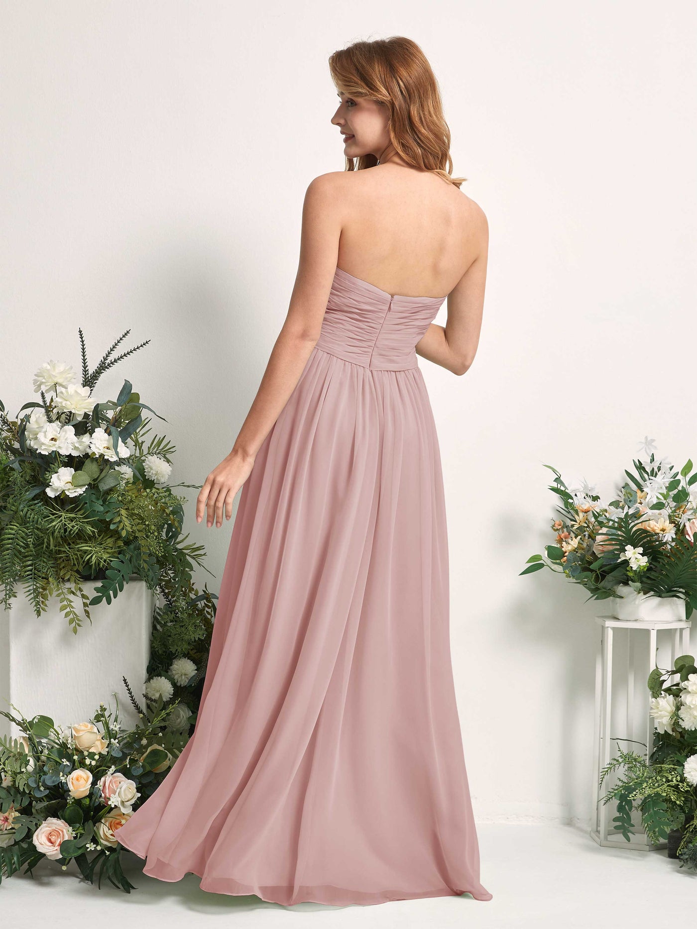 Carlyna Vestido Línea A Cuello de corazón Hasta el suelo Gasa Fruncido Dama de honor Rosa Polvorienta #color_rosa-polvorienta