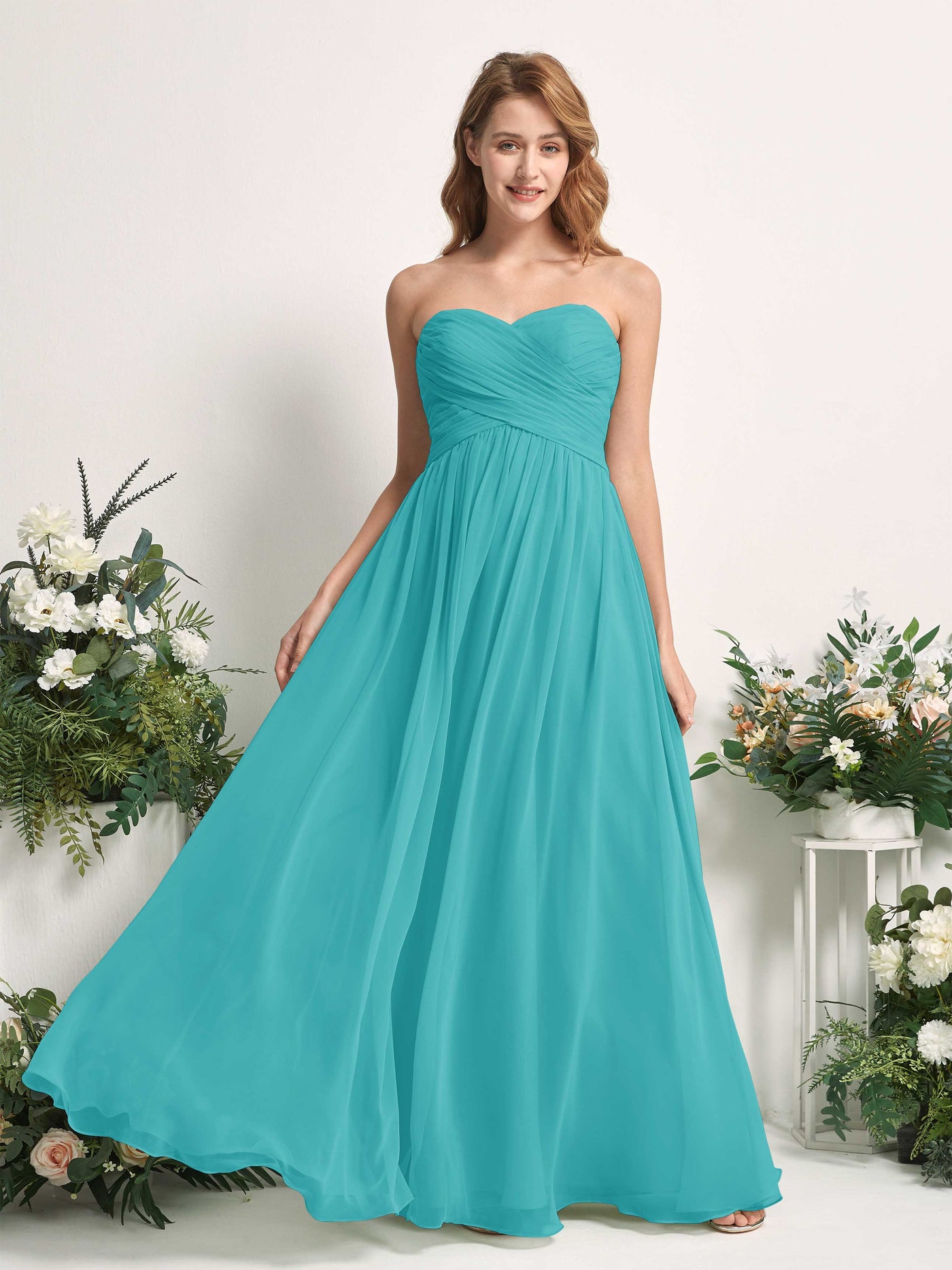 Carlyna Vestido Línea A Cuello de corazón Hasta el suelo Gasa Fruncido Dama de honor Turquesa #color_turquesa
