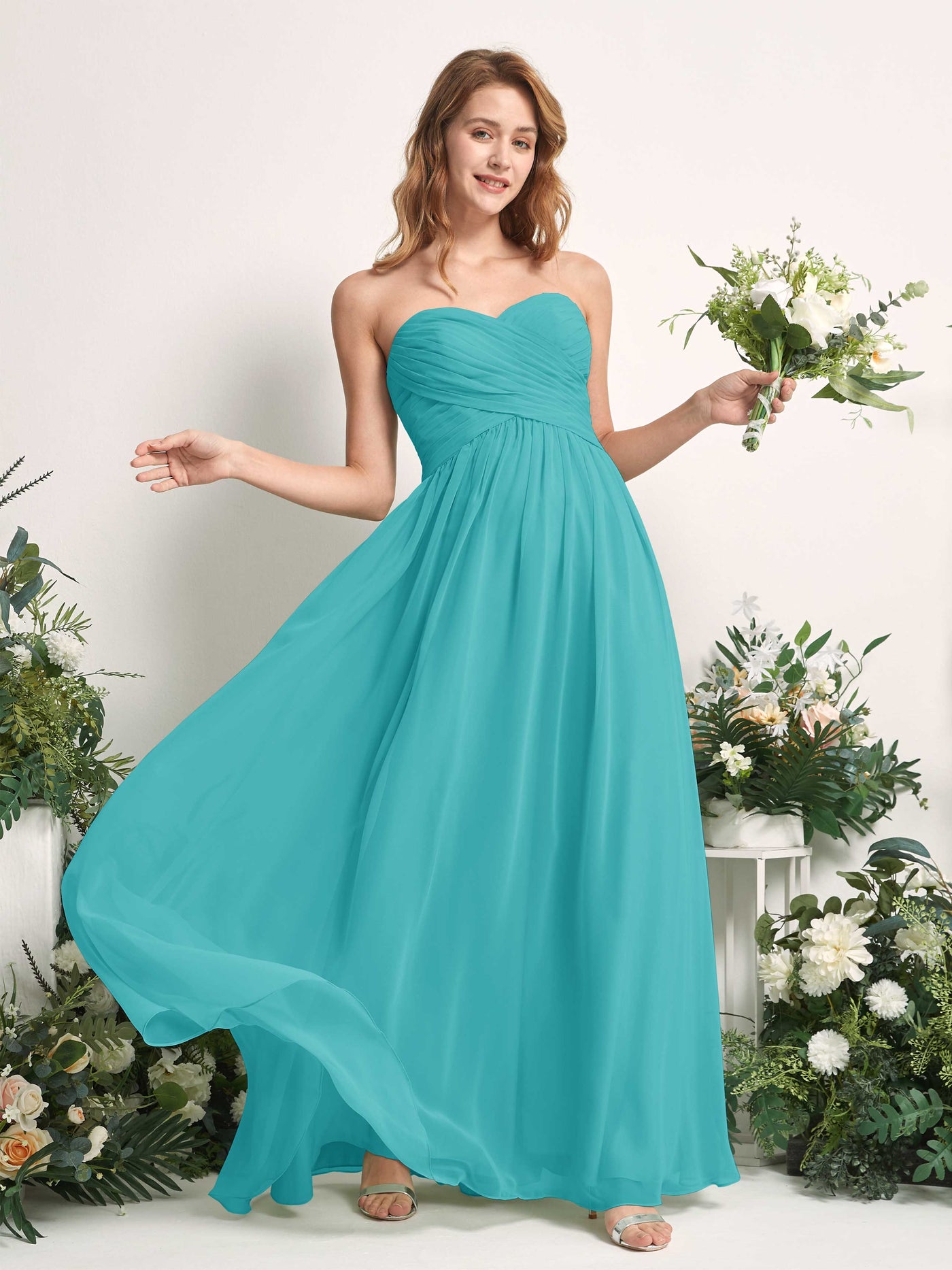 Carlyna Vestido Línea A Cuello de corazón Hasta el suelo Gasa Fruncido Dama de honor Turquesa #color_turquesa