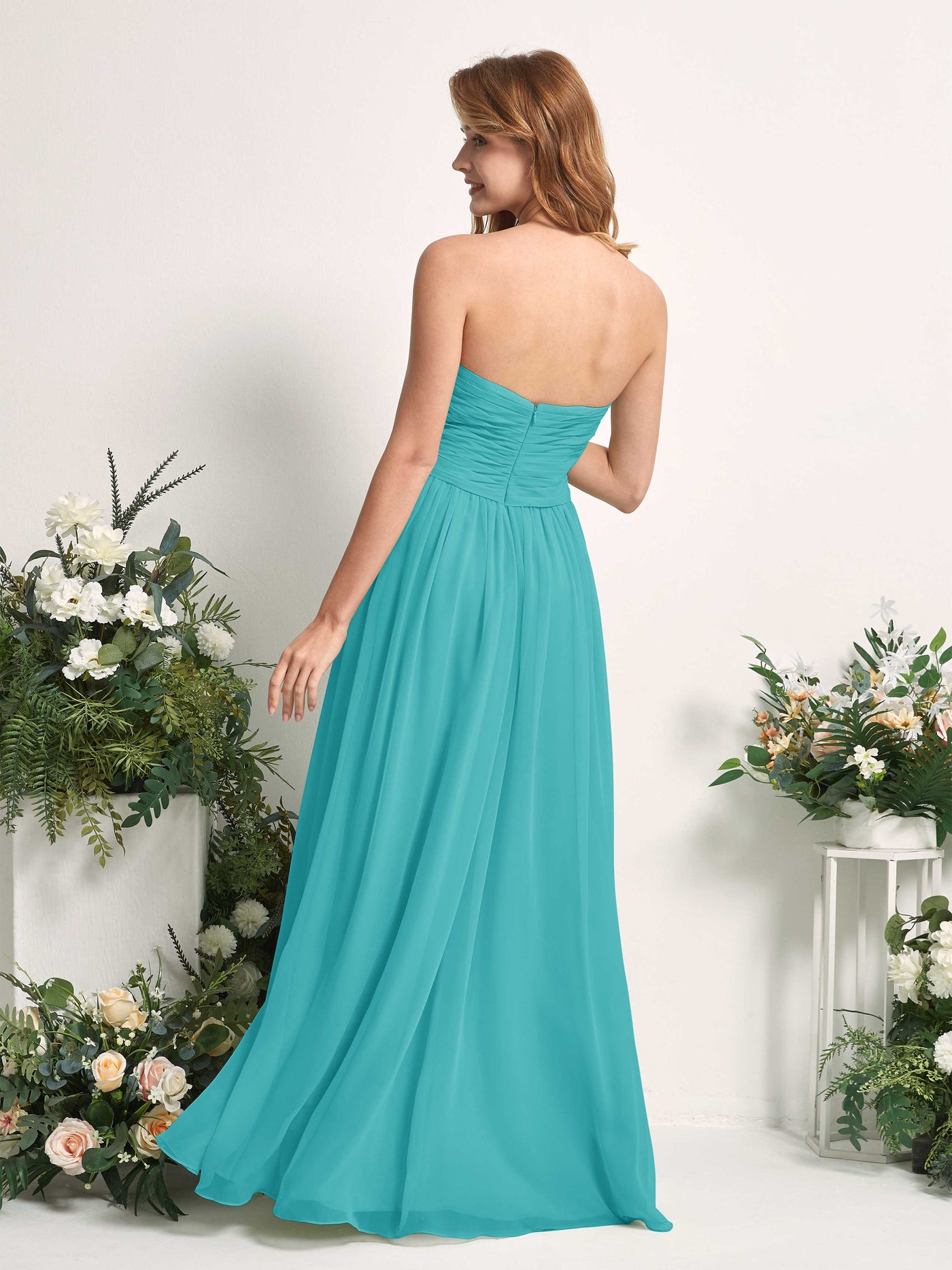 Carlyna Vestido Línea A Cuello de corazón Hasta el suelo Gasa Fruncido Dama de honor Turquesa #color_turquesa