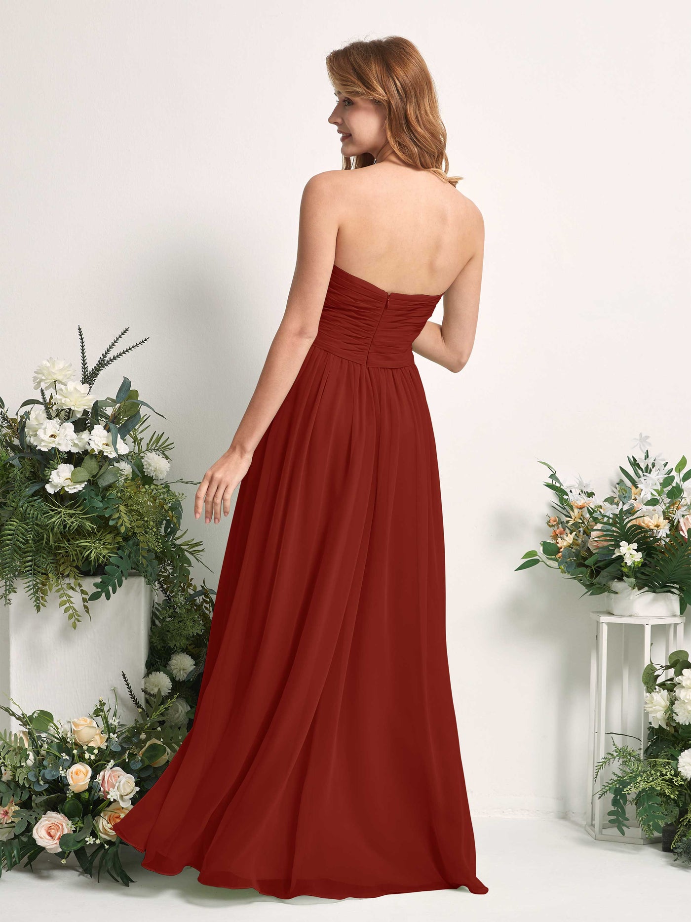 Carlyna Vestido Línea A Cuello de corazón Hasta el suelo Gasa Fruncido Dama de honor Óxido #color_xido