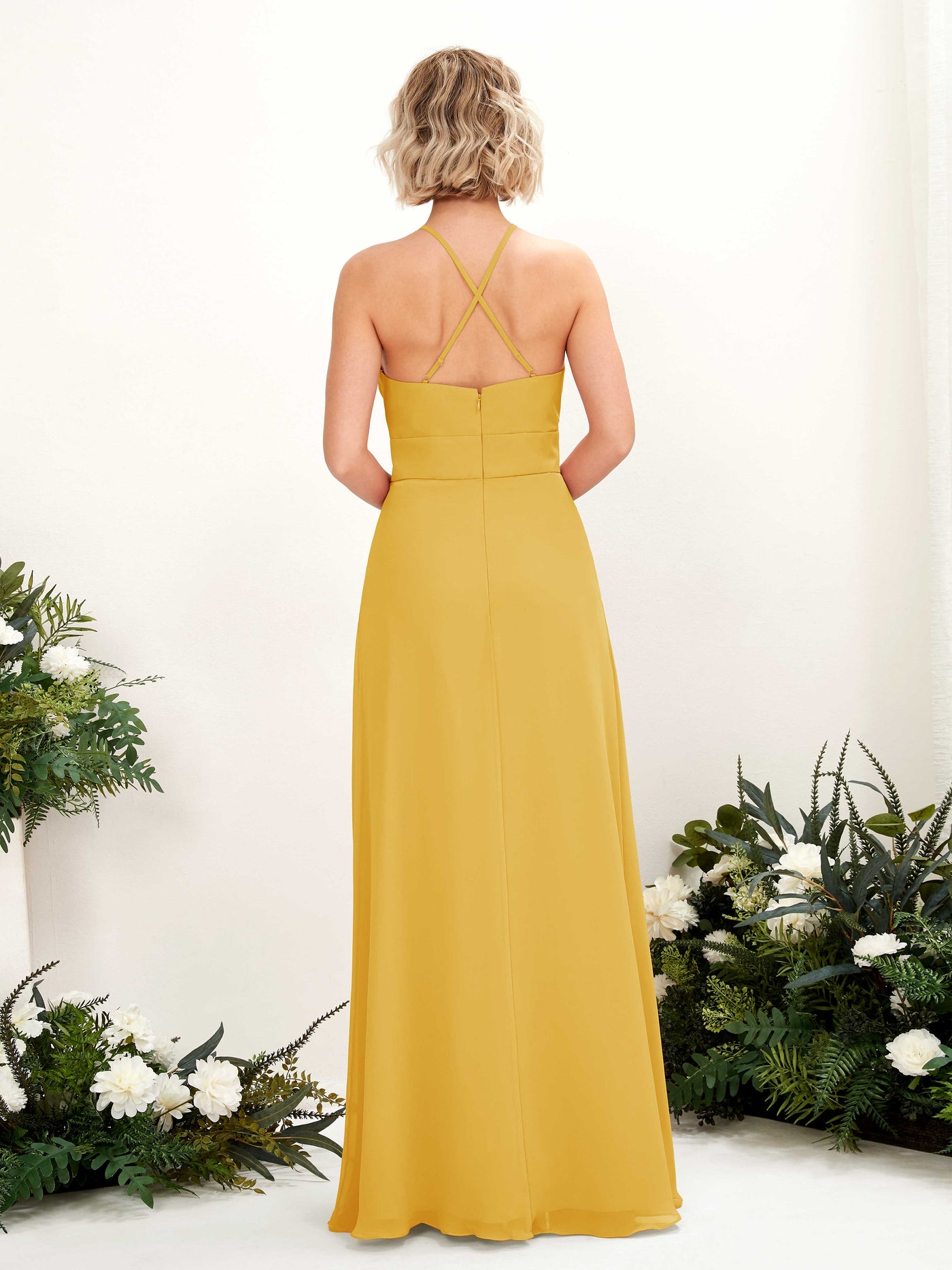 Carlyna Vestido Línea A Cuello Redondo Hasta el Suelo Bolsillos Dama de Honor Amarillo Mostaza #color_amarillo-mostaza