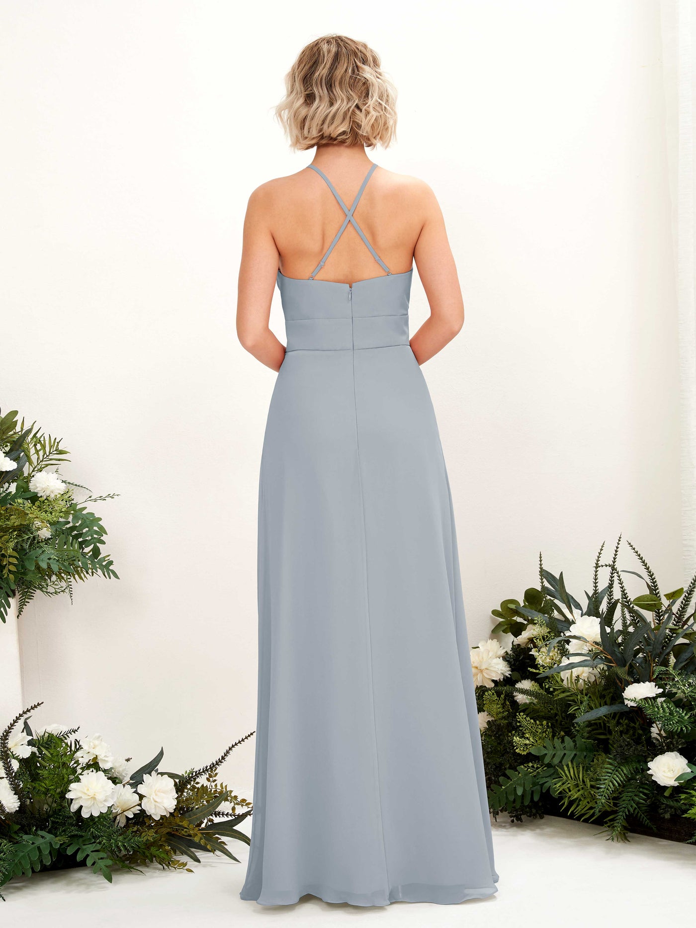 Carlyna Vestido Línea A Cuello Redondo Hasta el Suelo Bolsillos Dama de Honor Azul Empolvado Mejorado #color_azul-empolvado-mejorado