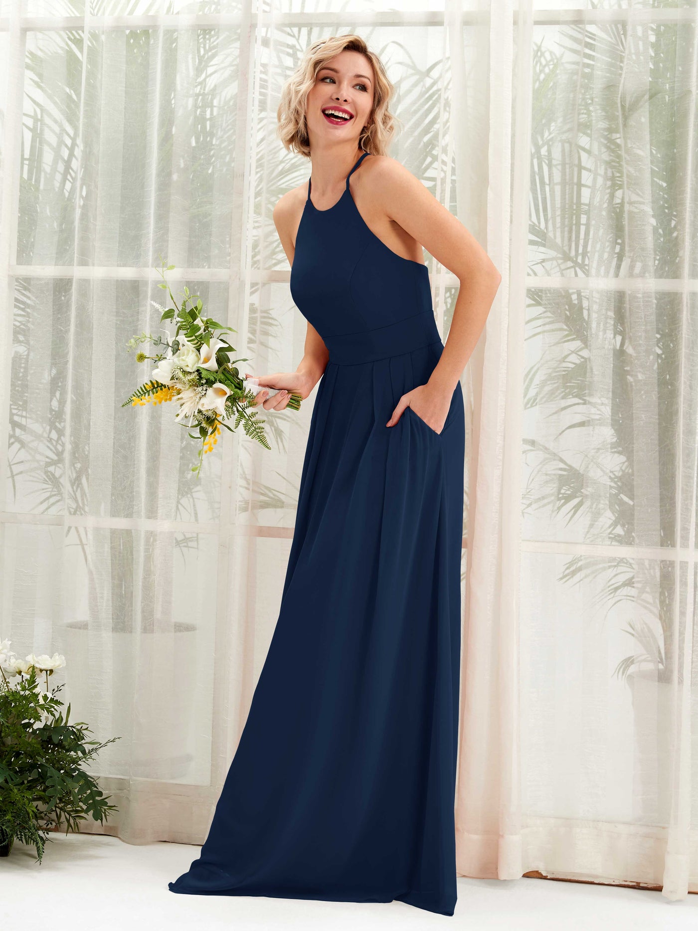 Carlyna Vestido Línea A Cuello Redondo Hasta el Suelo Bolsillos Dama de Honor Azul Marino #color_azul-marino