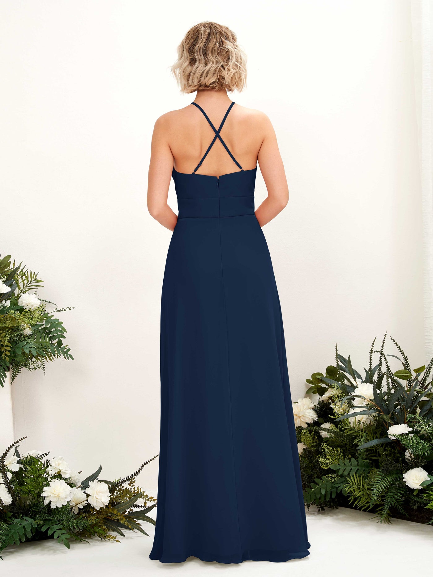 Carlyna Vestido Línea A Cuello Redondo Hasta el Suelo Bolsillos Dama de Honor Azul Marino #color_azul-marino