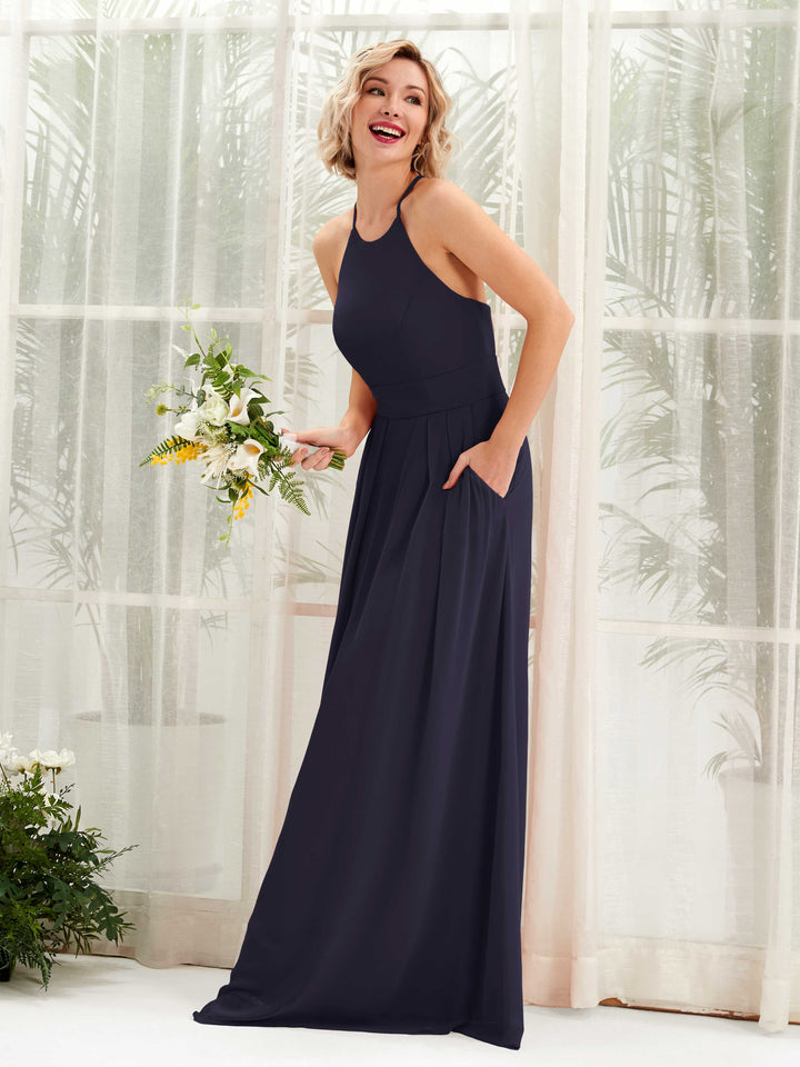 Carlyna Vestido Línea A Cuello Redondo Hasta el Suelo Bolsillos Dama de Honor Azul Marino Oscuro 